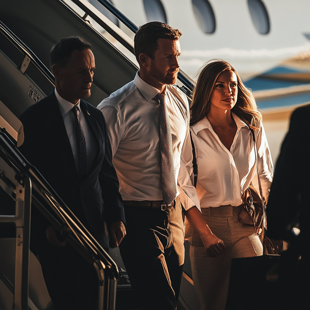 Les parents du garçon sont escortés par la sécurité à la sortie de l'avion. | Source : Midjourney