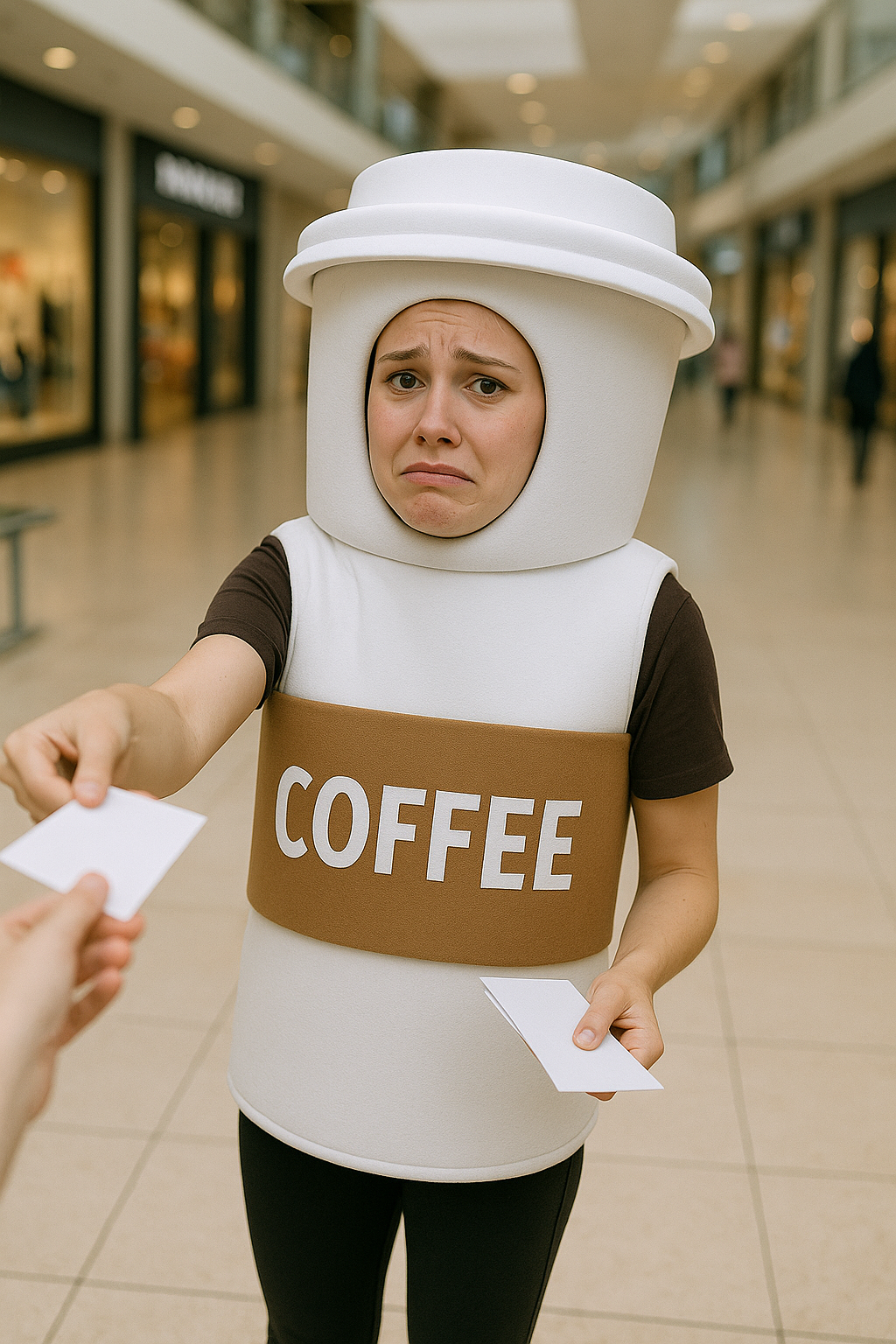 Une femme embarrassée portant un costume de tasse de café en mousse | Source : DALL-E