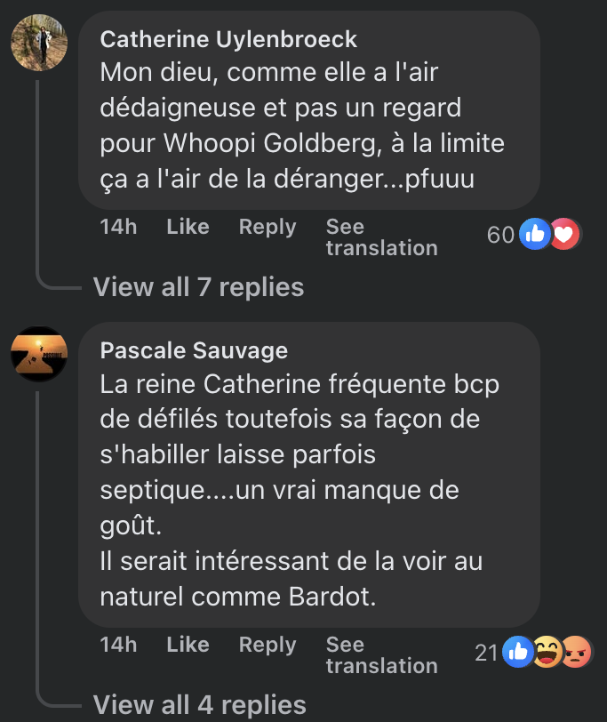 Commentaires des internautes sur le comportement de Catherine Deneuve envers Whoopi Goldberg au défilé AMI. | Source : Capture Facebook