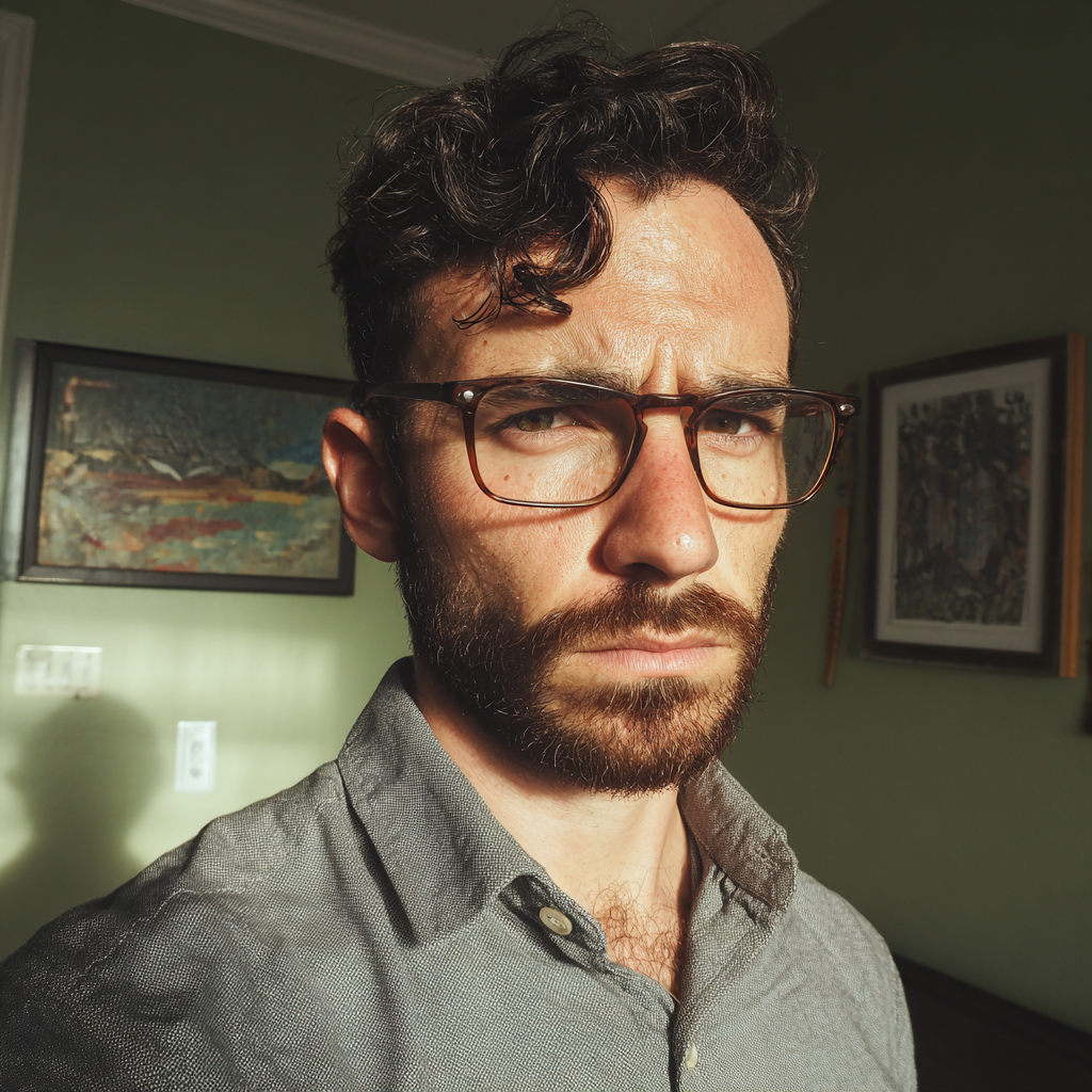 Un homme qui fronce les sourcils, debout dans une chambre à coucher | Source : Midjourney