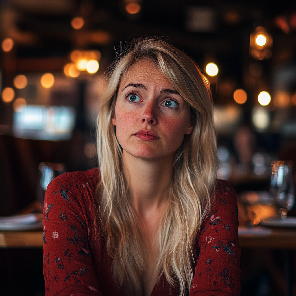 Une femme triste et surprise regarde quelqu'un alors qu'elle est assise dans un restaurant haut de gamme | Source : Midjourney