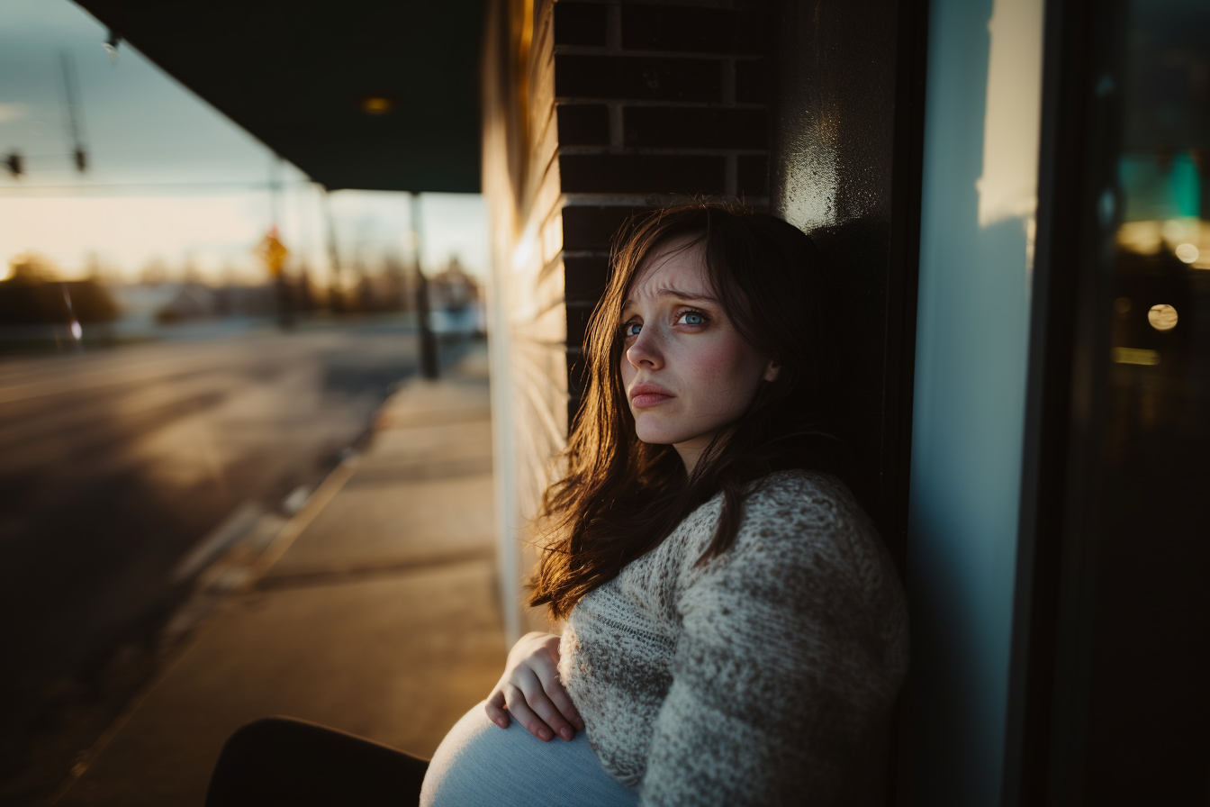 Young pregnant and sad woman at a bus stop | Source: Midjourney