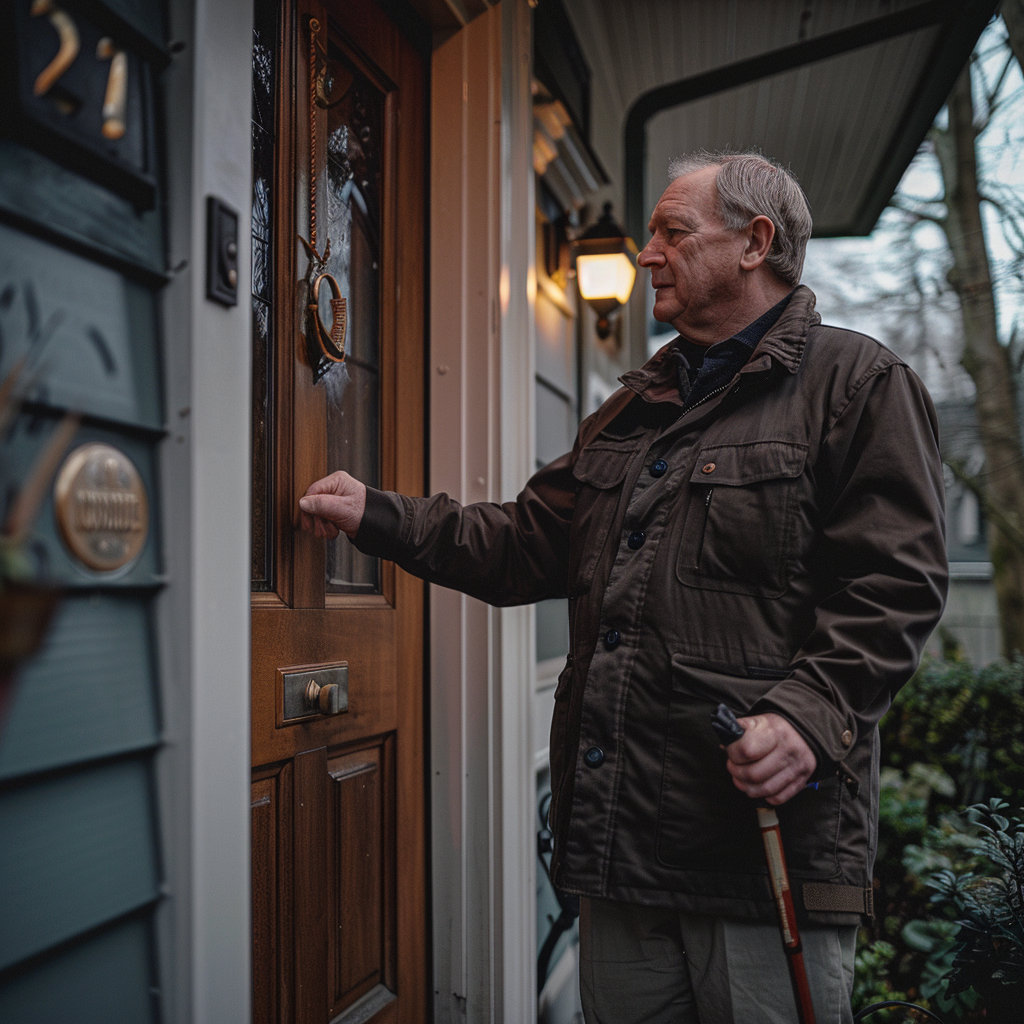 Un homme avec une canne qui frappe à une porte d'entrée | Source : Midjourney