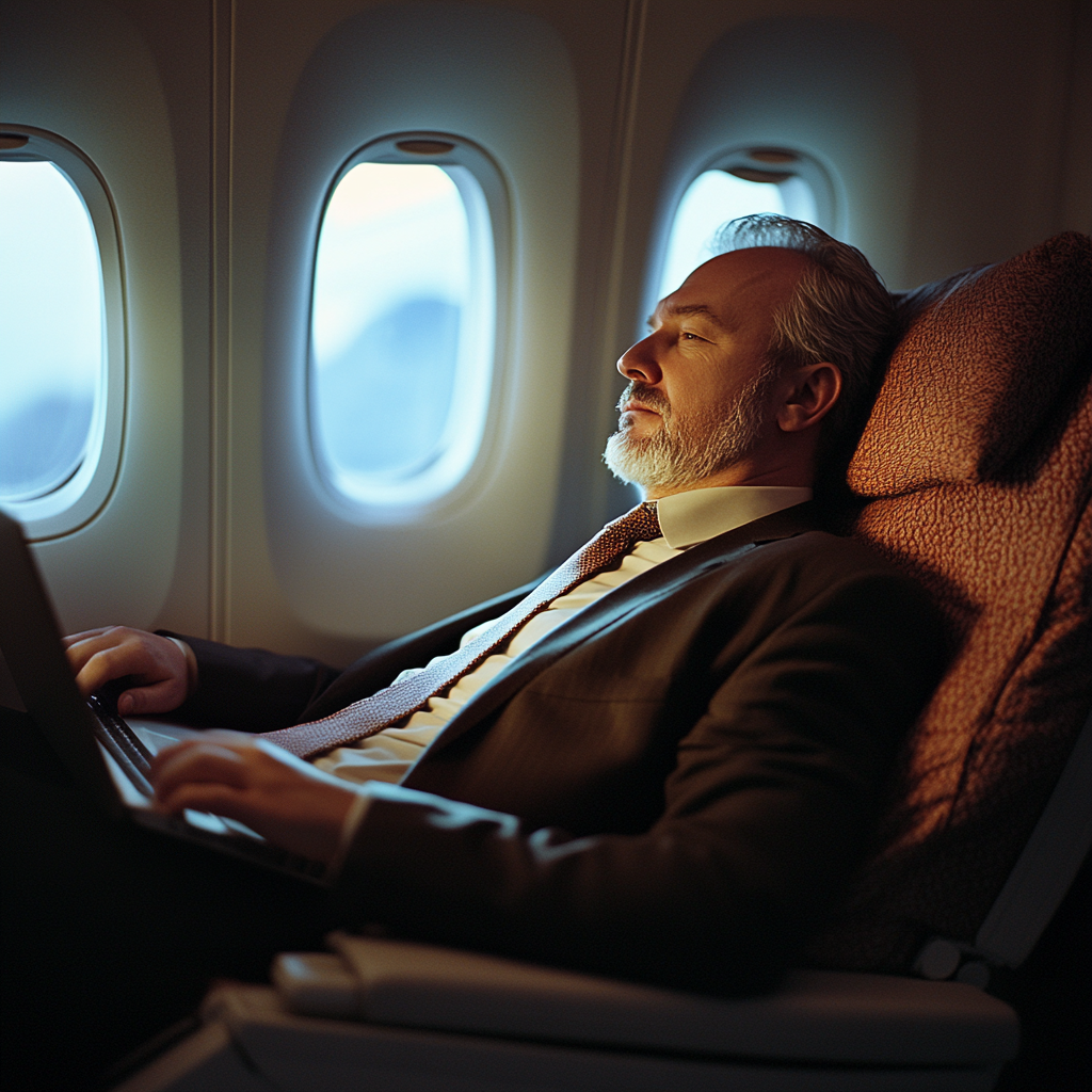 Businessman pushes too hard on airplane seat | Source: Midjourney