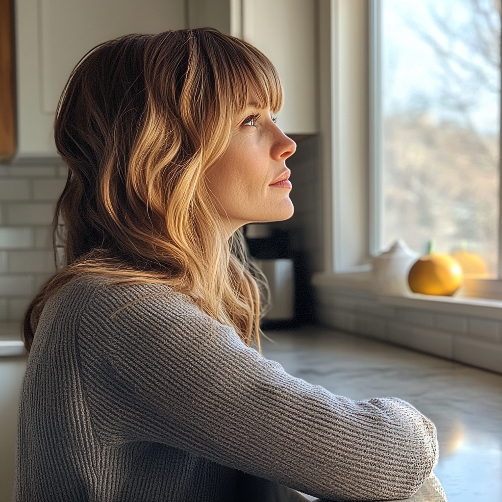 Une femme pensive qui regarde par la fenêtre | Source : Midjourney