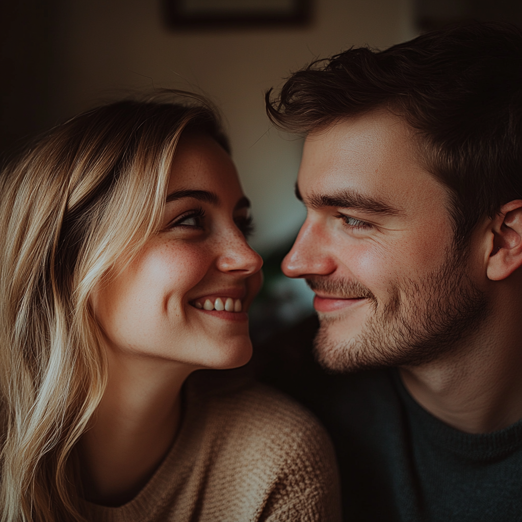 Un couple se regardant amoureusement dans les yeux | Source : Midjourney