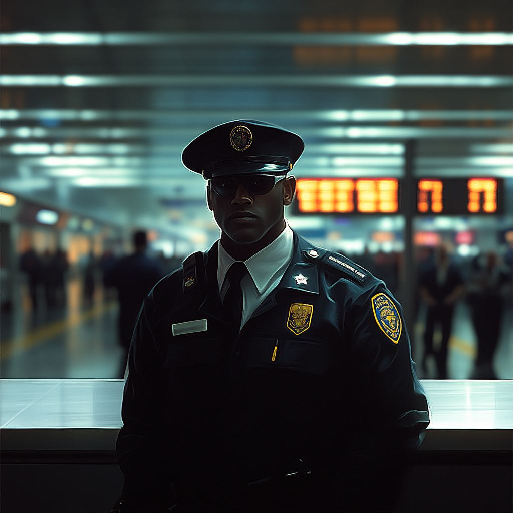 Un agent de sécurité de l'aéroport sévère | Source : Midjourney