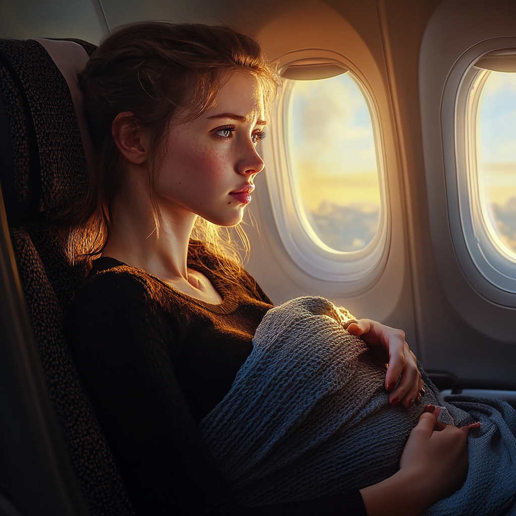 Une femme enceinte enveloppée dans une couverture bleue assise dans un avion | Source : Midjourney