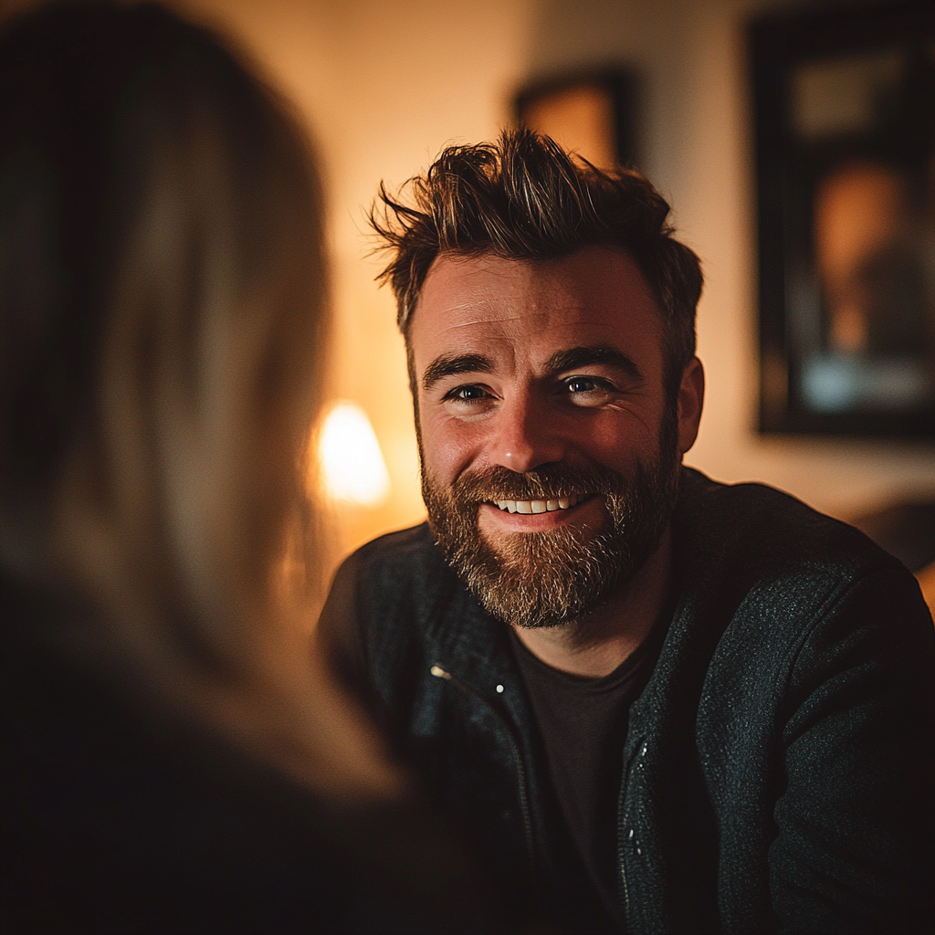 Un homme souriant qui parle à une femme dans son salon | Source : Midjourney