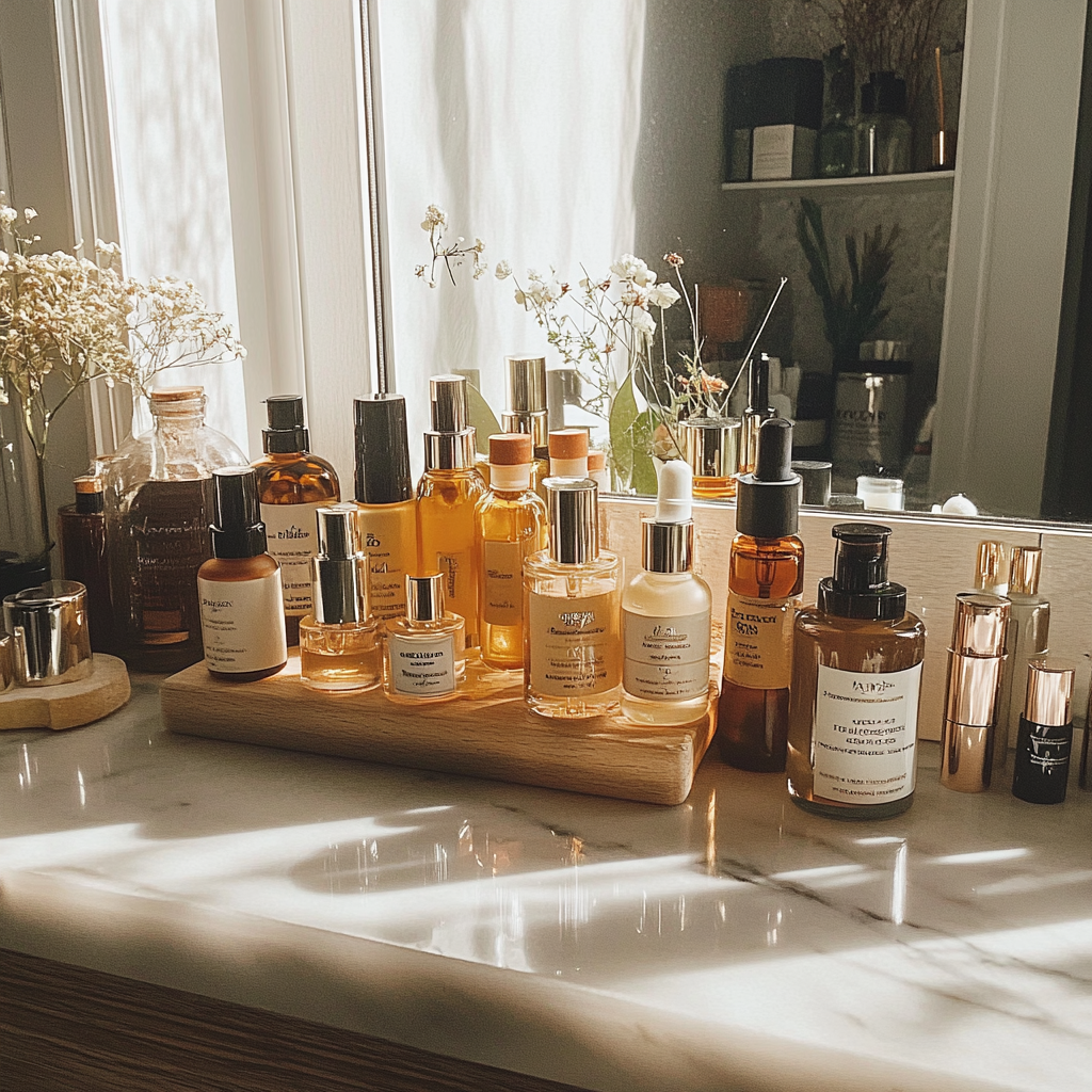 Une vanité avec des sérums et des lotions | Source : Midjourney