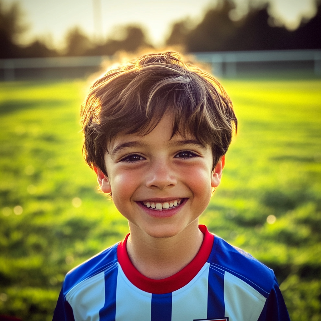 Un petit garçon souriant portant un maillot de foot | Source : Midjourney