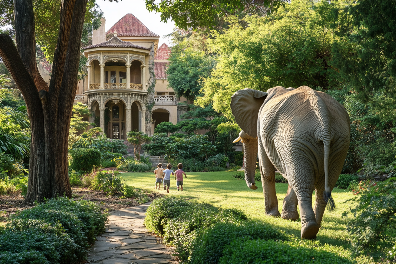 Des enfants fuient leur éléphant domestique | Source : Midjourney