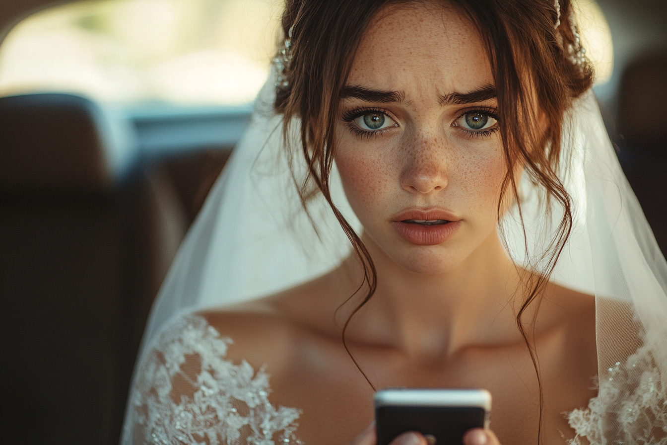 Une mariée triste et en colère qui utilise son téléphone | Source : Midjourney