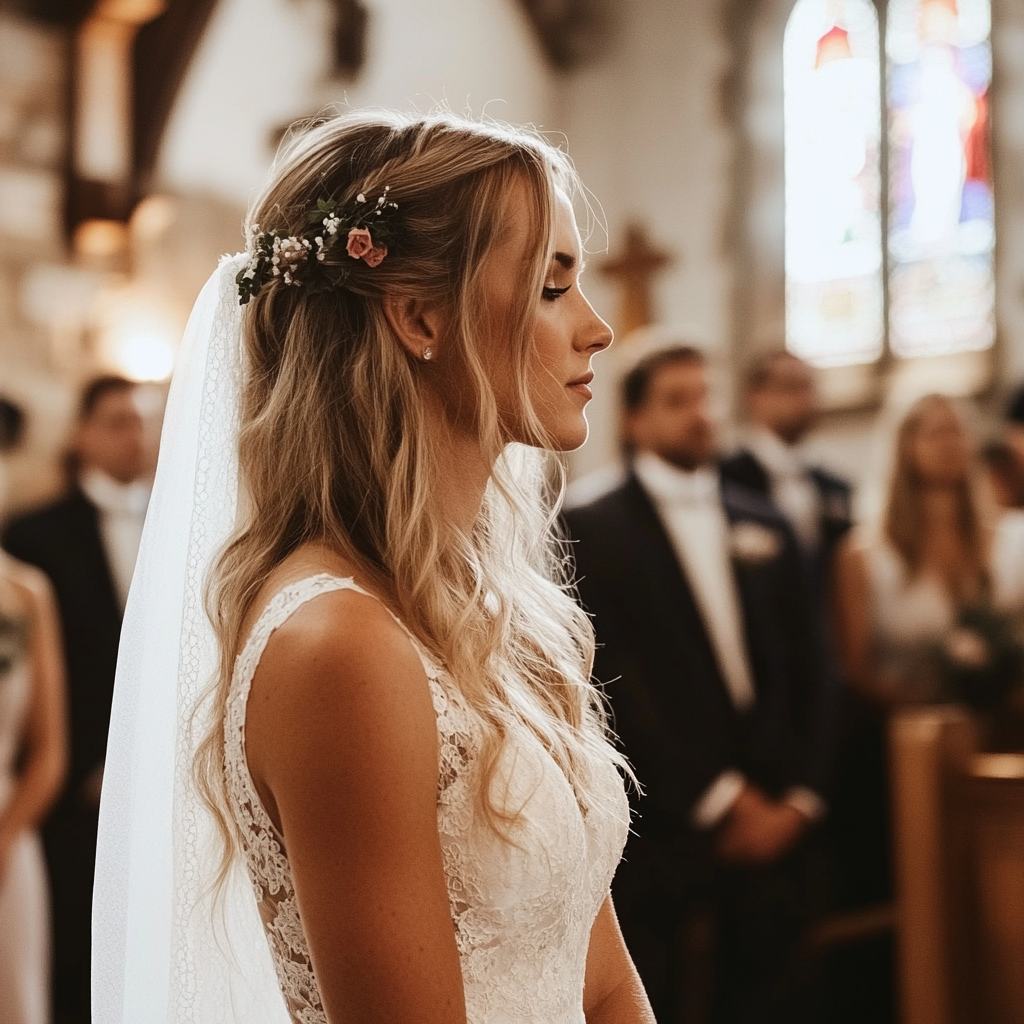 Profil latéral d'une mariée dans une église | Source : Midjourney