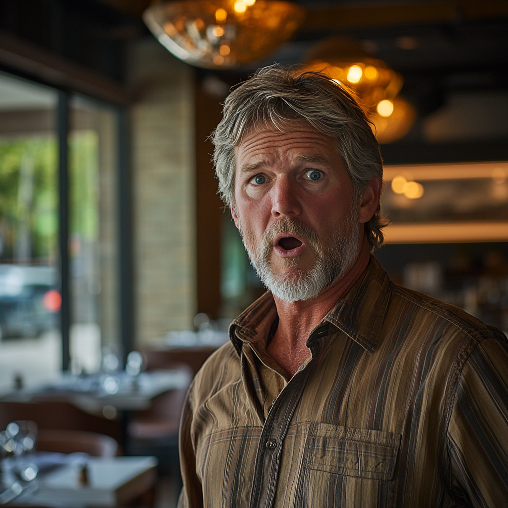 Un homme d'âge moyen qui a l'air surpris à l'intérieur d'un restaurant | Source : Midjourney