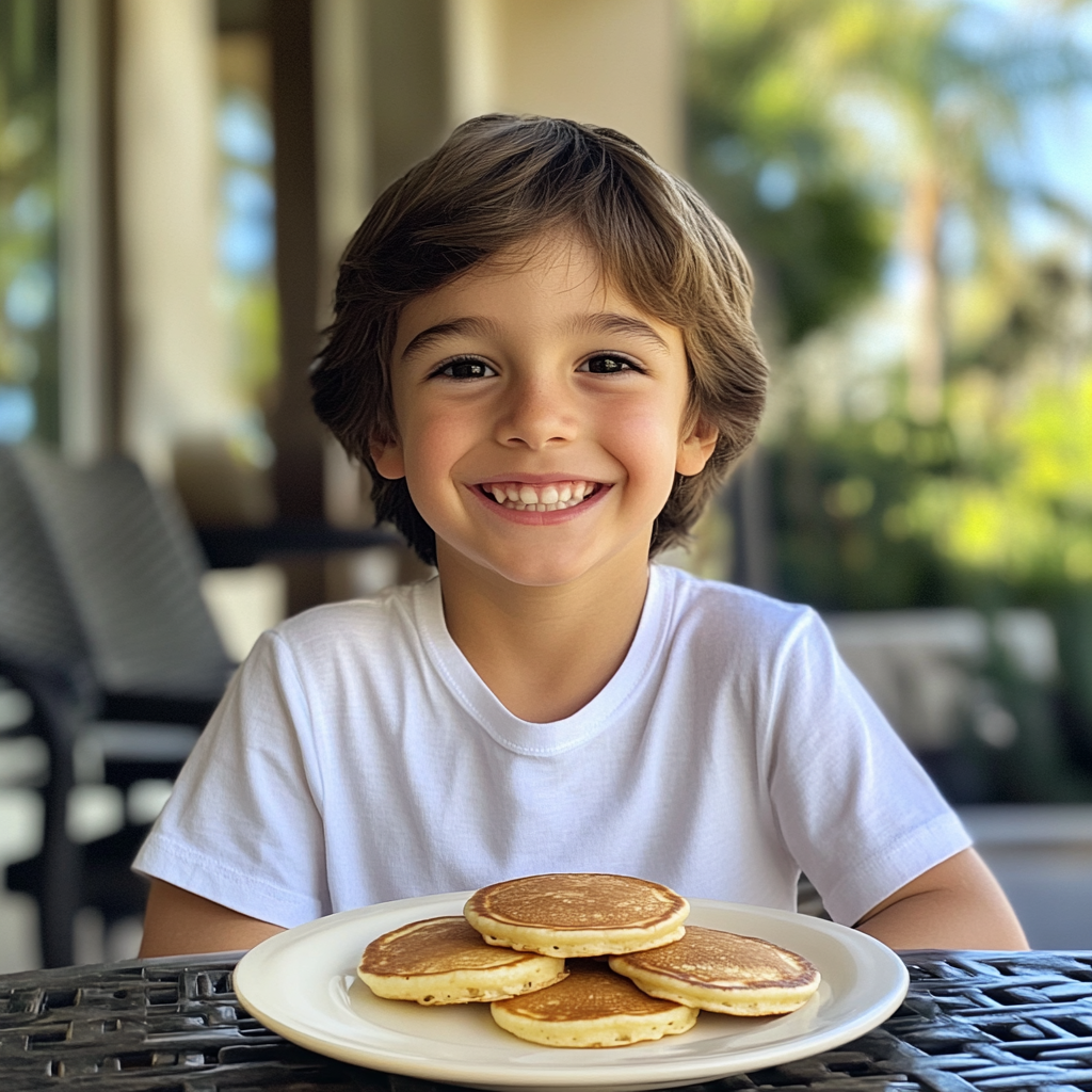 Un petit garçon assis à une table avec des crêpes | Source : Midjourney