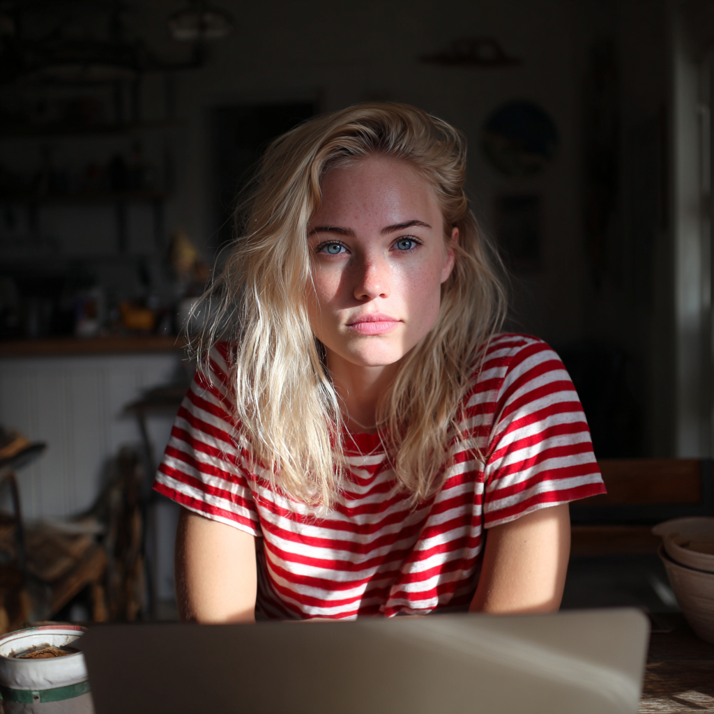 Une femme pensive assise avec son ordinateur portable | Source : Midjourney
