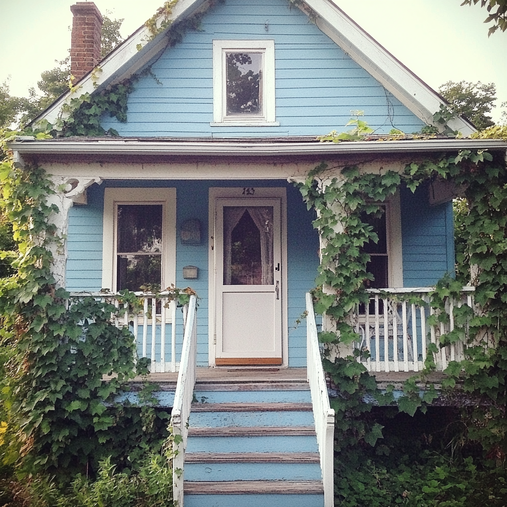 Un cottage bleu avec du lierre qui pousse le long des murs | Source : Midjourney
