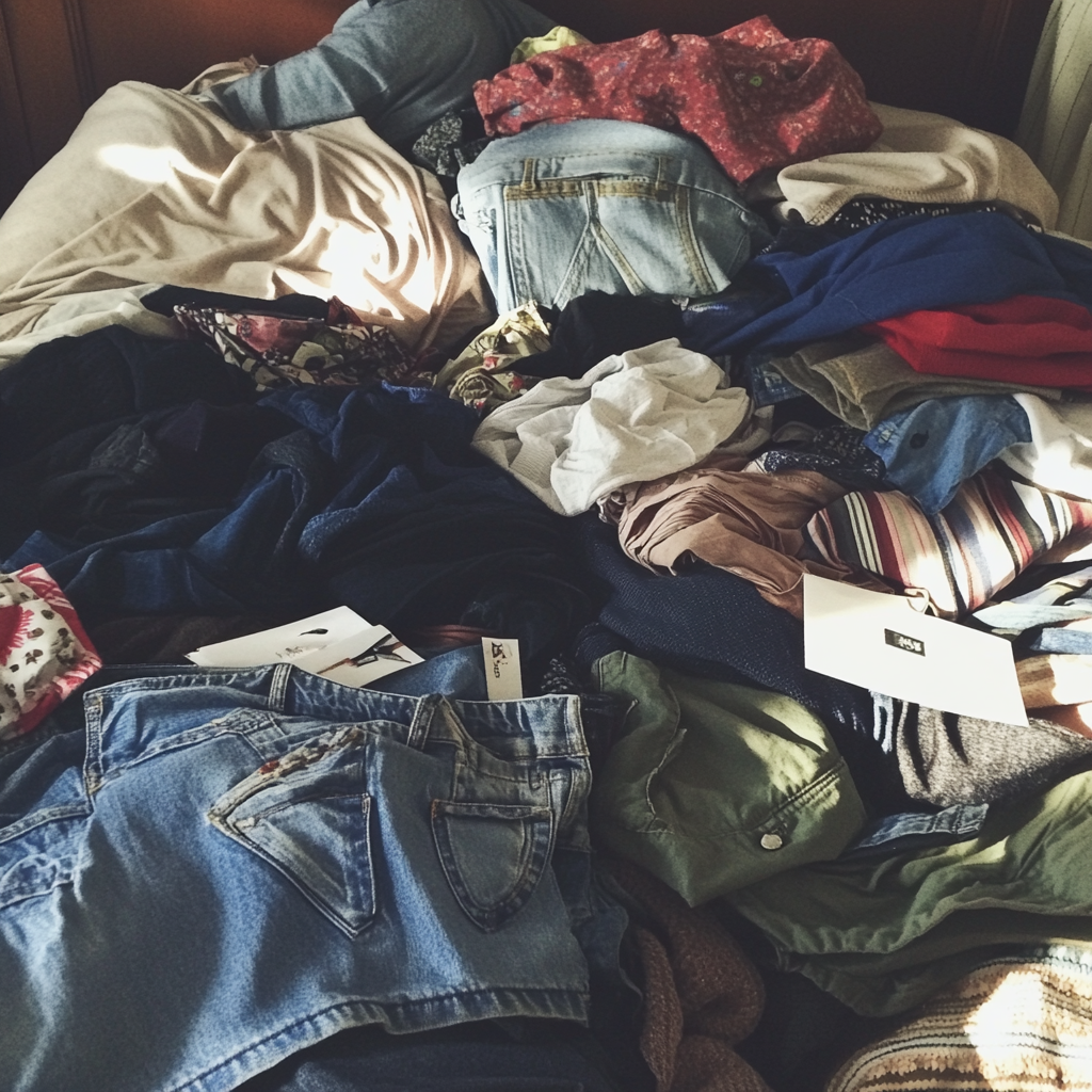 Une pile de vêtements sur un lit | Source : Midjourney