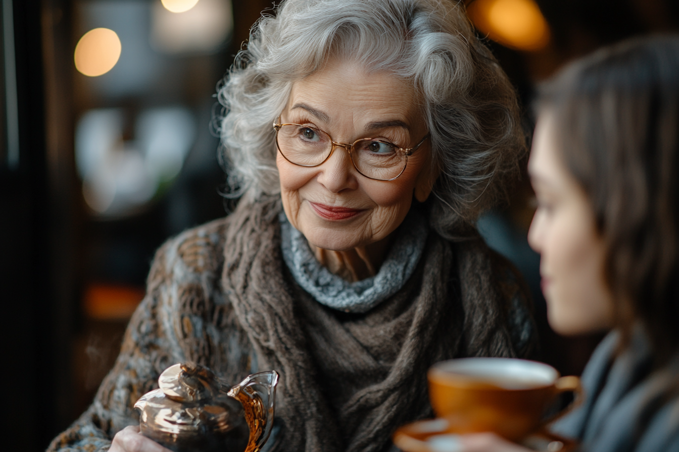 Femme âgée se versant du thé tout en discutant avec sa belle-fille | Source : Midjourney