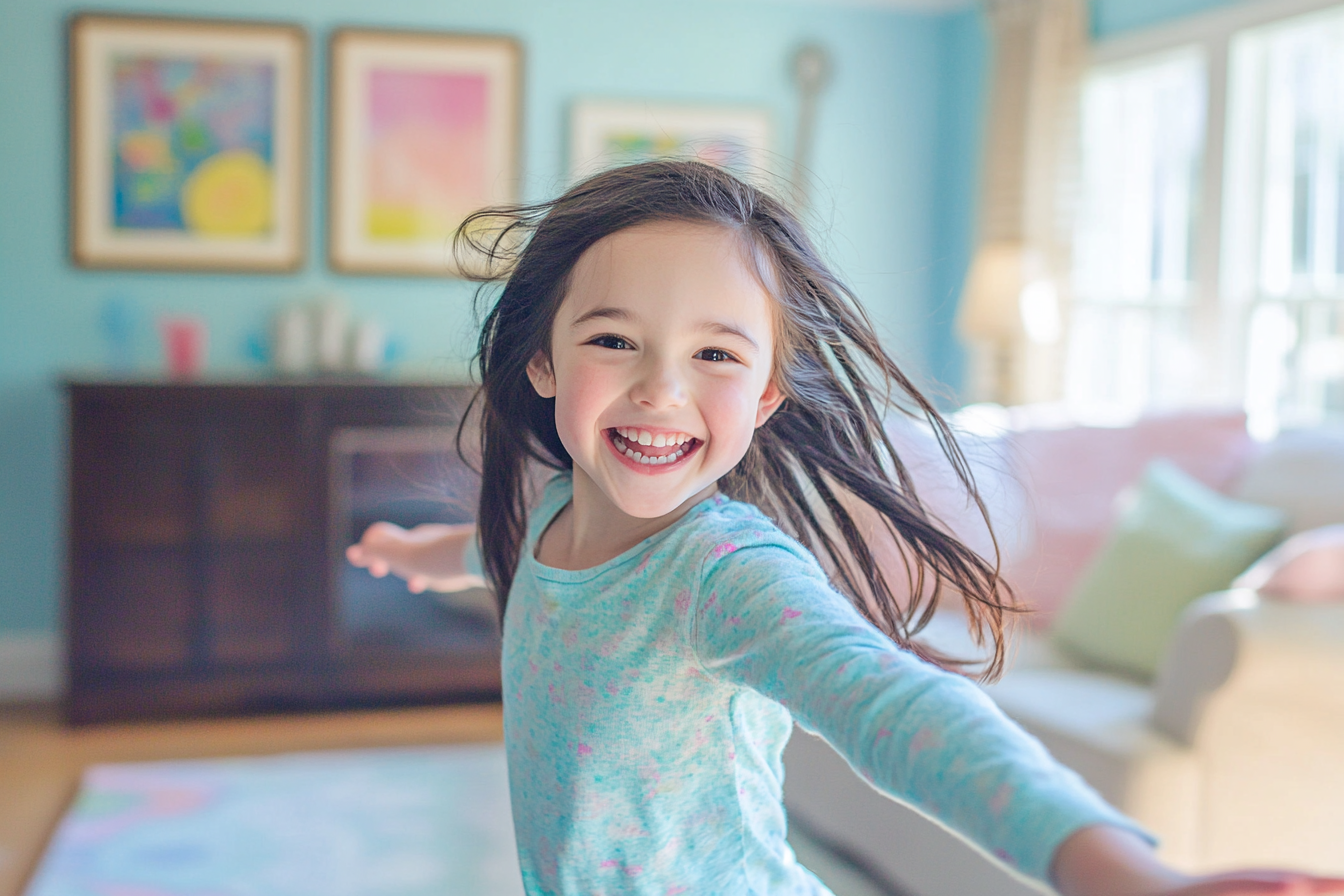 Une fille heureuse dans un salon | Source : Midjourney