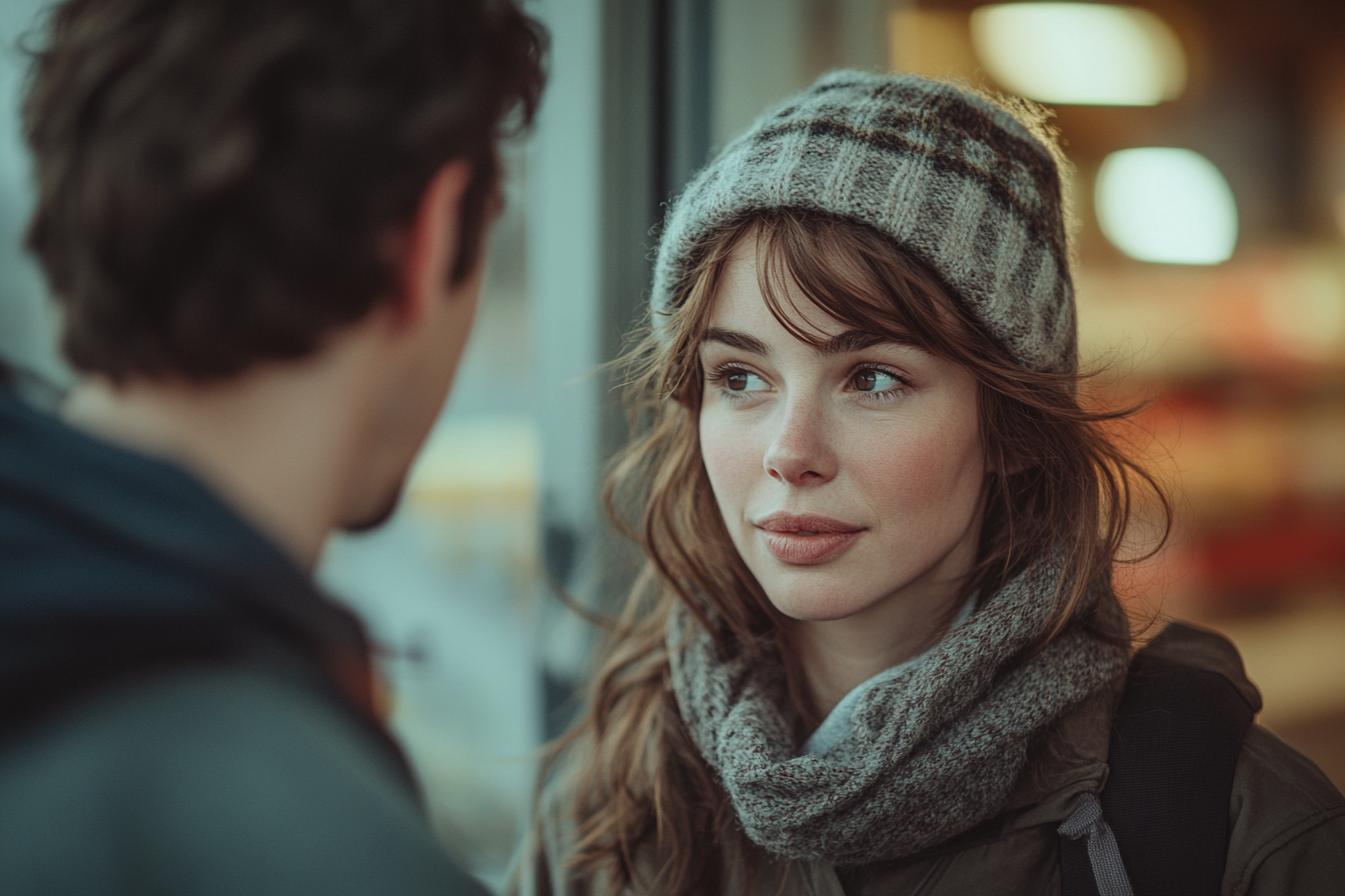 Un homme et une femme discutent à l'extérieur d'une épicerie | Source : Midjourney