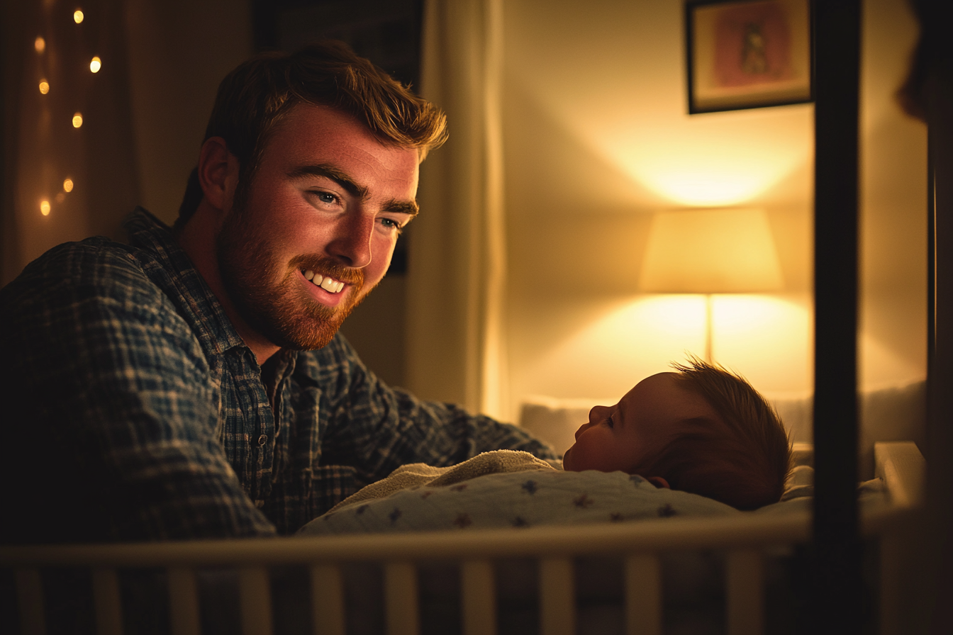 Un homme qui regarde fixement un bébé | Source : Midjourney