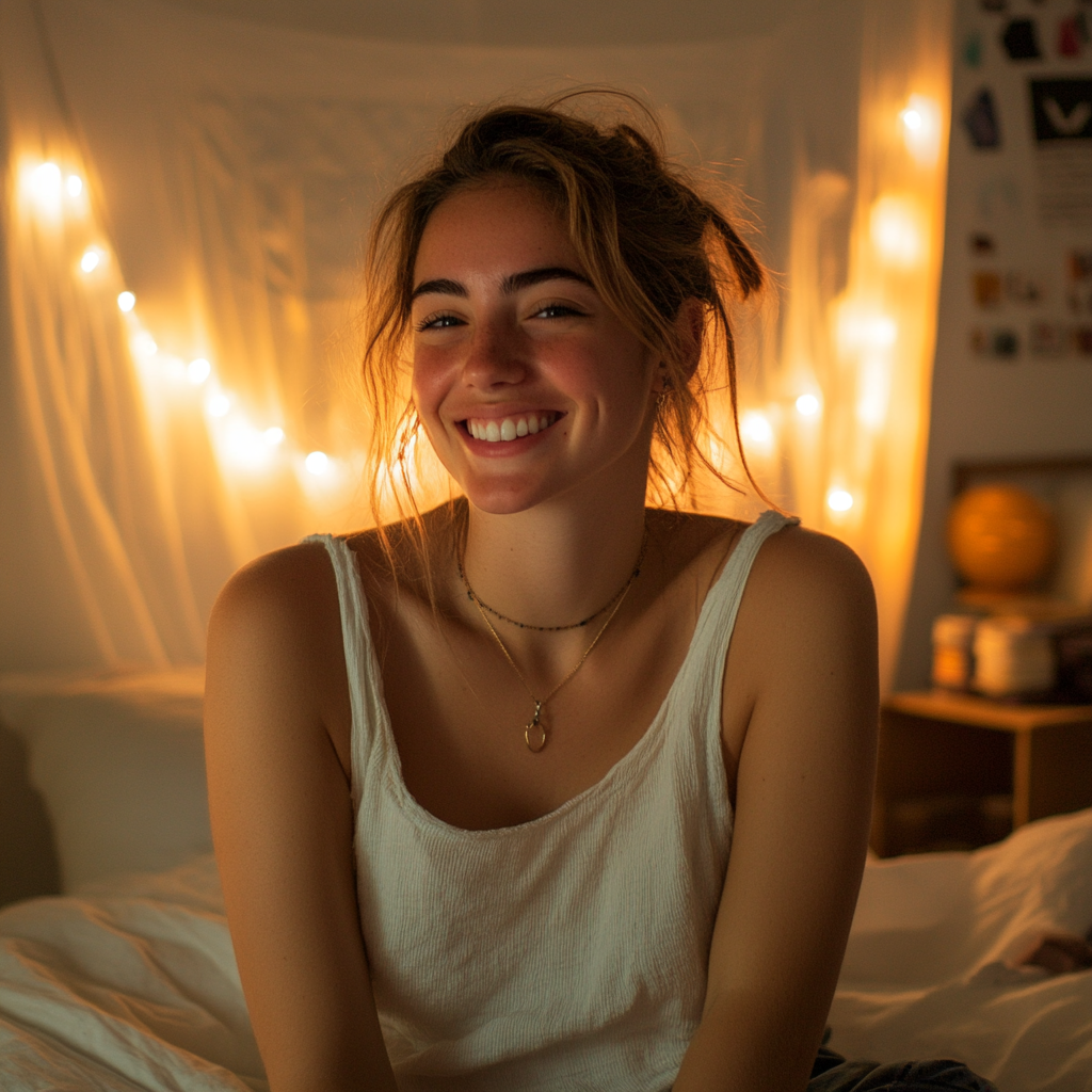 A smiling woman in her room | Source: Midjourney