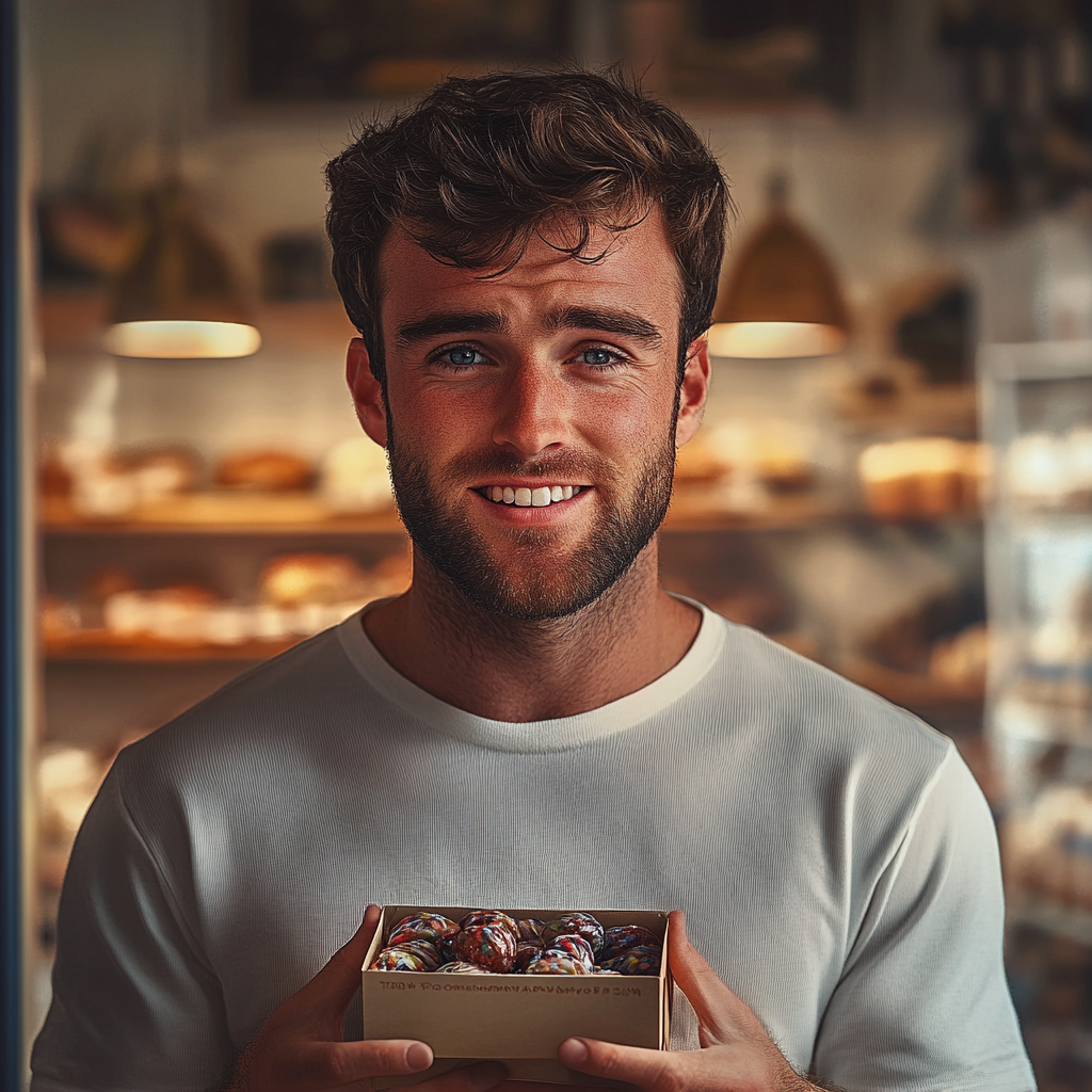 Un homme souriant tenant une boîte de bonbons | Source : Midjourney