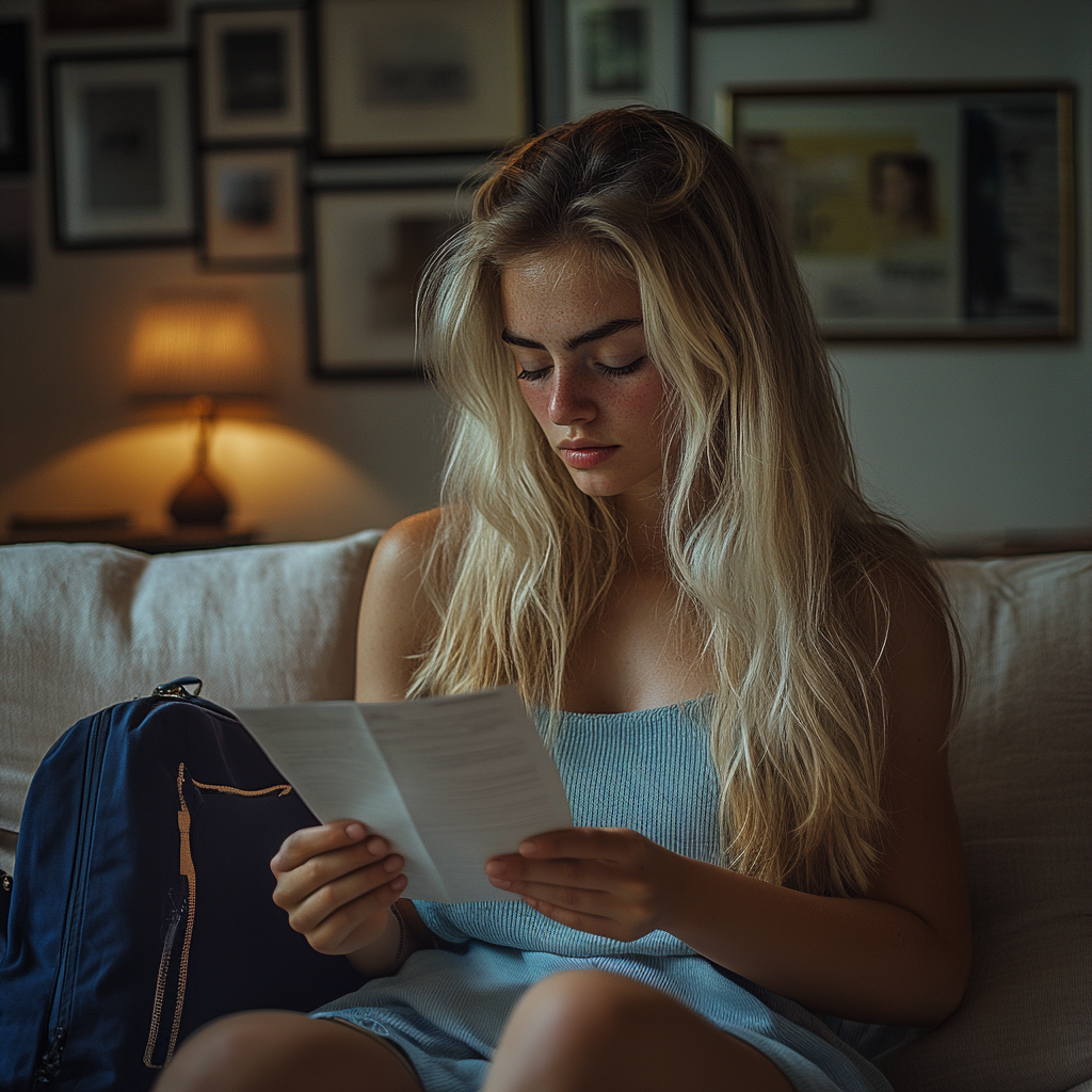 Une femme lisant une note alors qu'elle est assise sur un canapé | Source : Midjourney