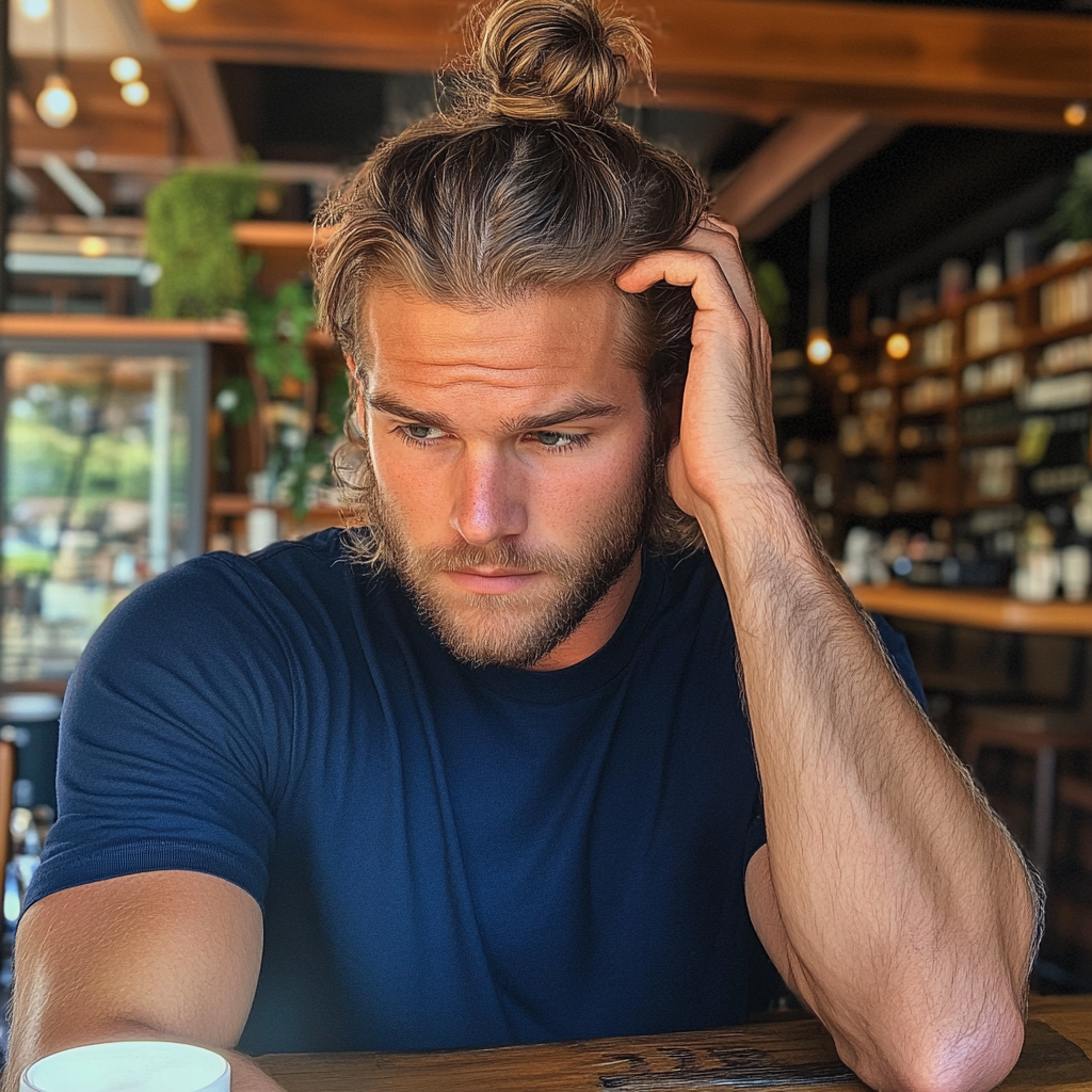 Un homme assis à une table et se tenant la tête | Source : Midjourney