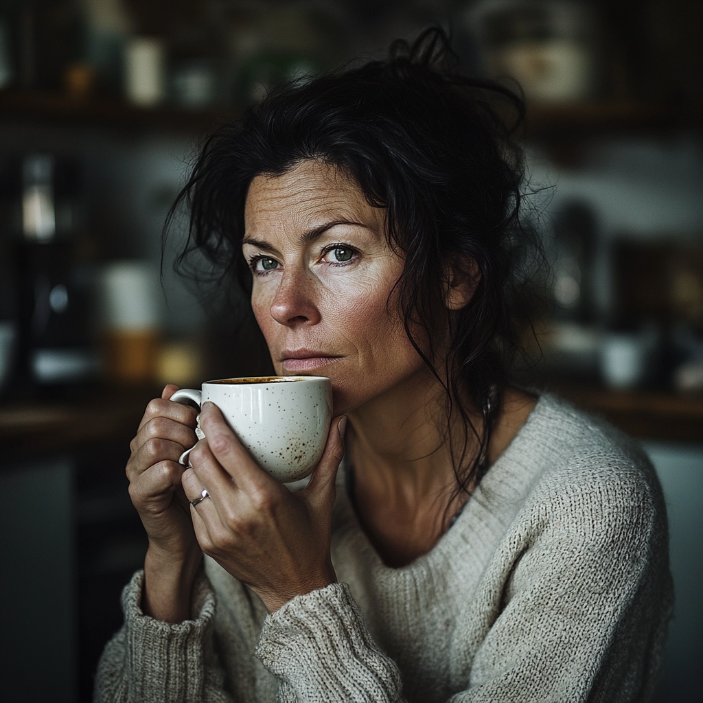 Une femme sérieuse avec une tasse de café | Source : Midjourney