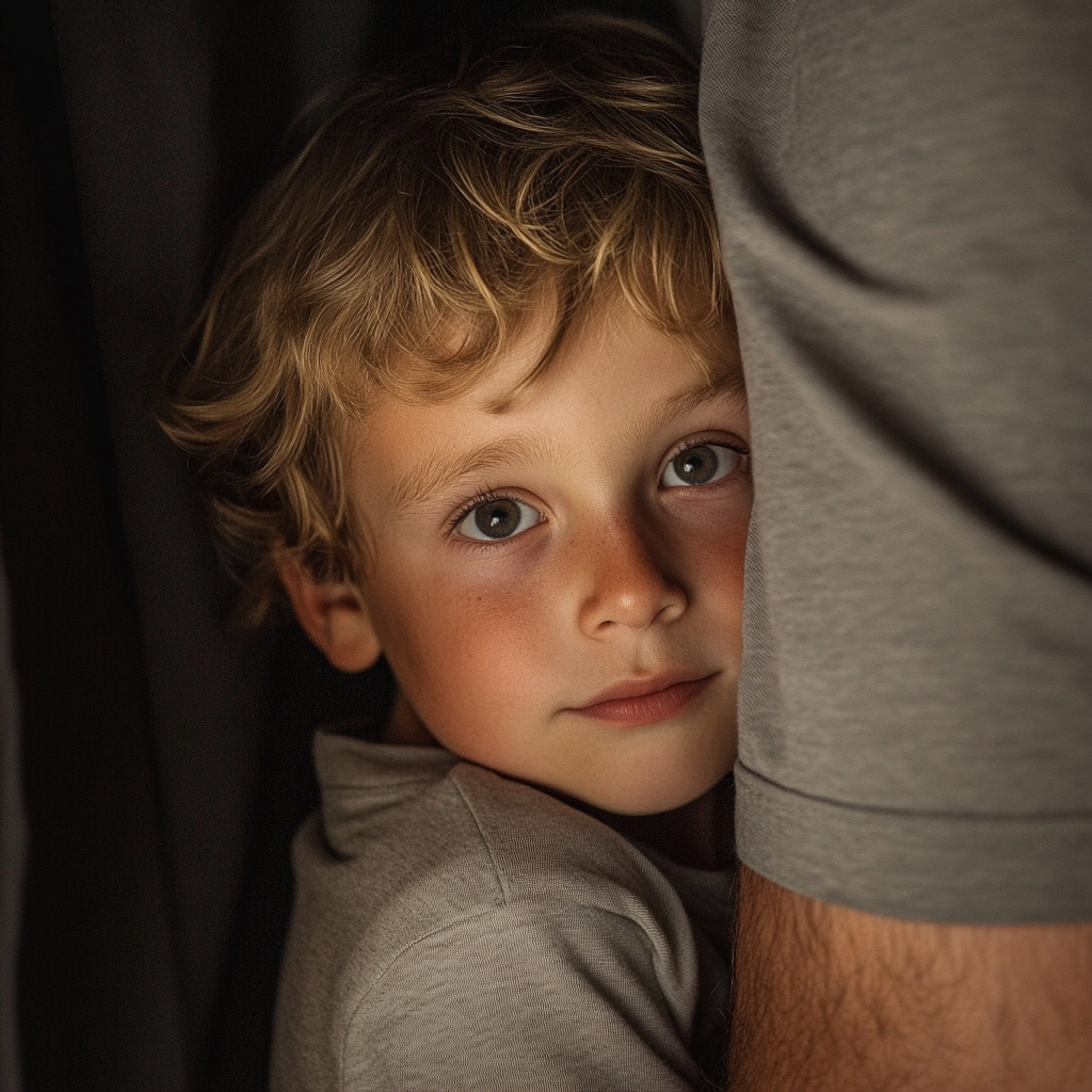 Un jeune garçon qui se cache derrière son père | Source : Midjourney