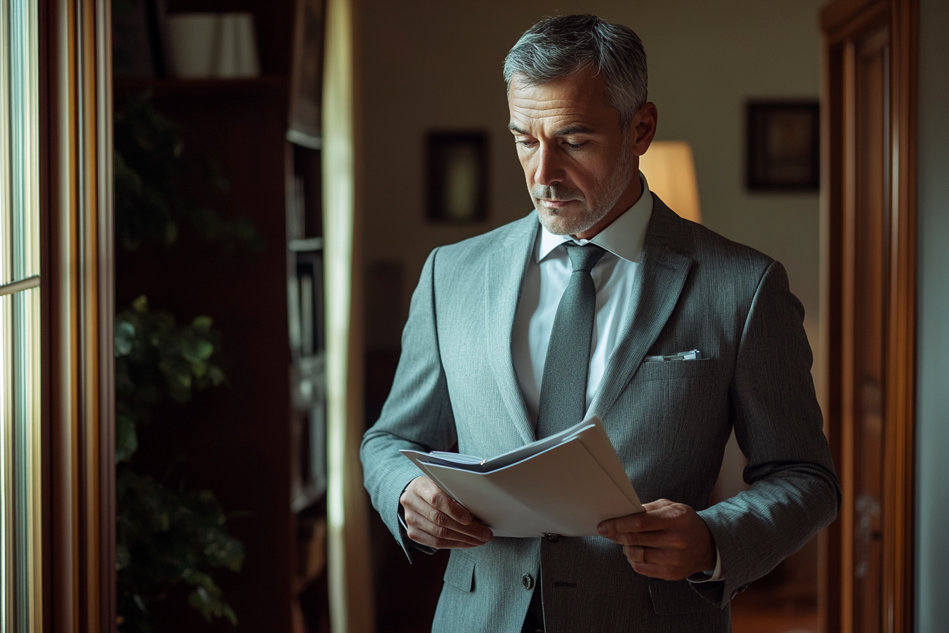 Homme en costume gris lisant des papiers dans ses mains dans un bureau | Source : Midjourney