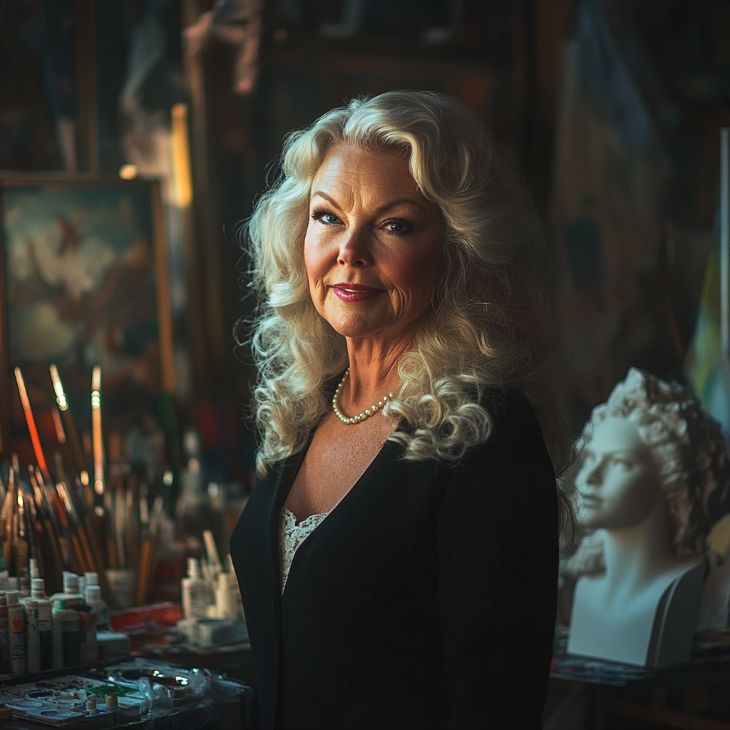 A smiling elderly woman in an art studio | Source: Midjourney