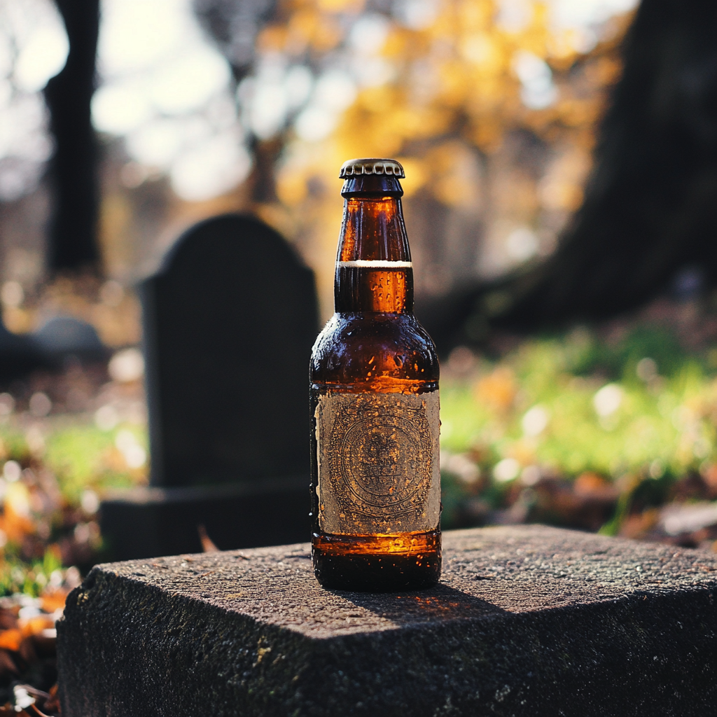 Une bouteille de bière près d'une pierre tombale | Source : Midjourney