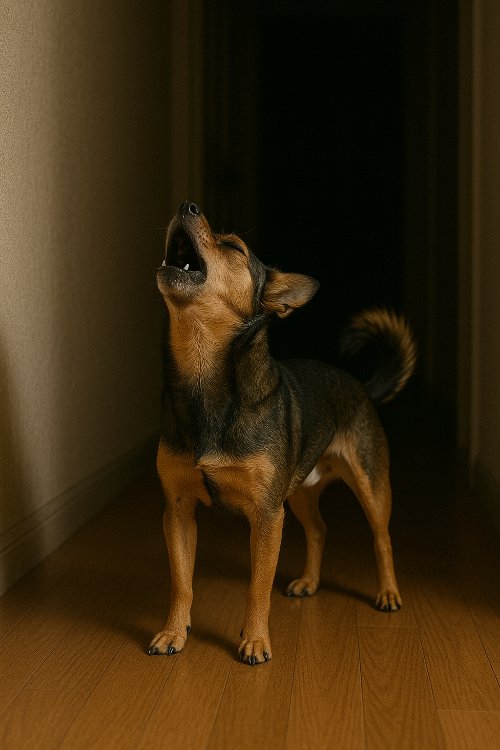 Un chien hurle dans un couloir la nuit | Source : DALL-E
