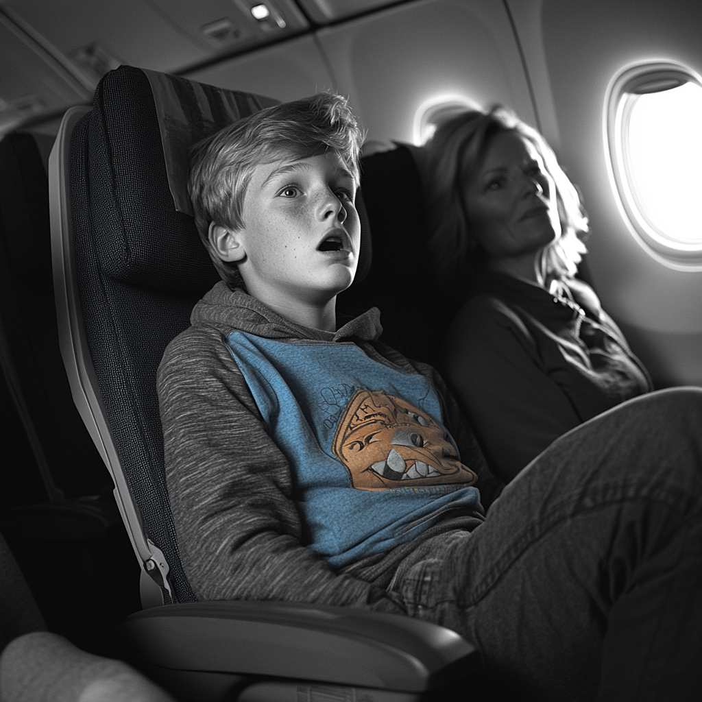 Boy uncomfortable in airplane seat | Source: Midjourney