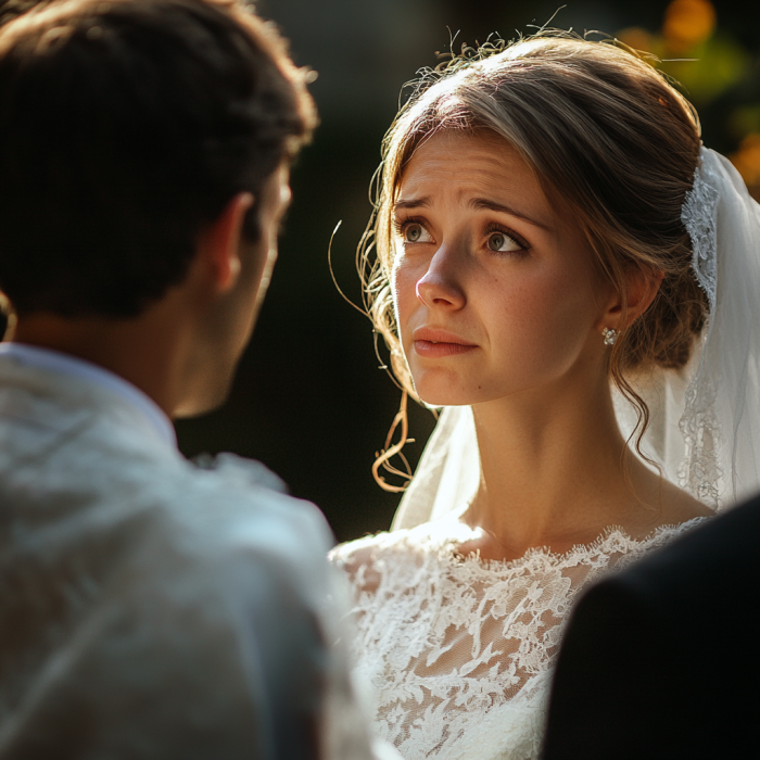 Une mariée et un marié ayant une conversation angoissée | Source : Midjourney