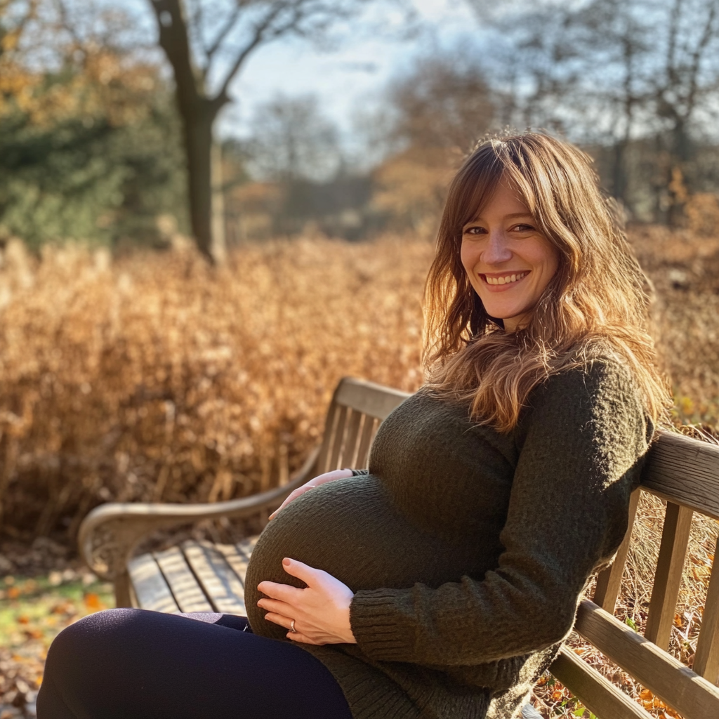 Une femme enceinte souriante assise sur un banc | Source : Midjourney