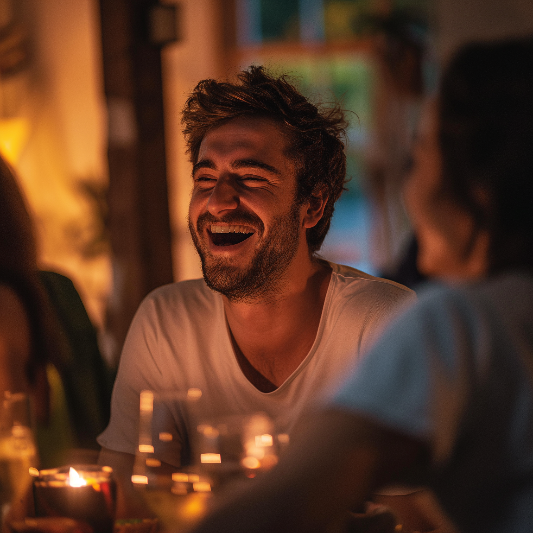 Un homme qui rit lors d'une petite fête à la maison | SourceL Midjourney