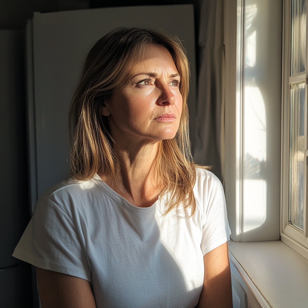 Une femme qui regarde par la fenêtre | Source : Midjourney