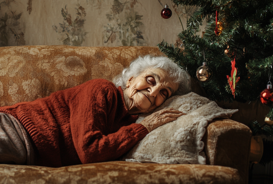 Une vieille femme qui sourit en dormant sur un canapé | Source : Midjourney