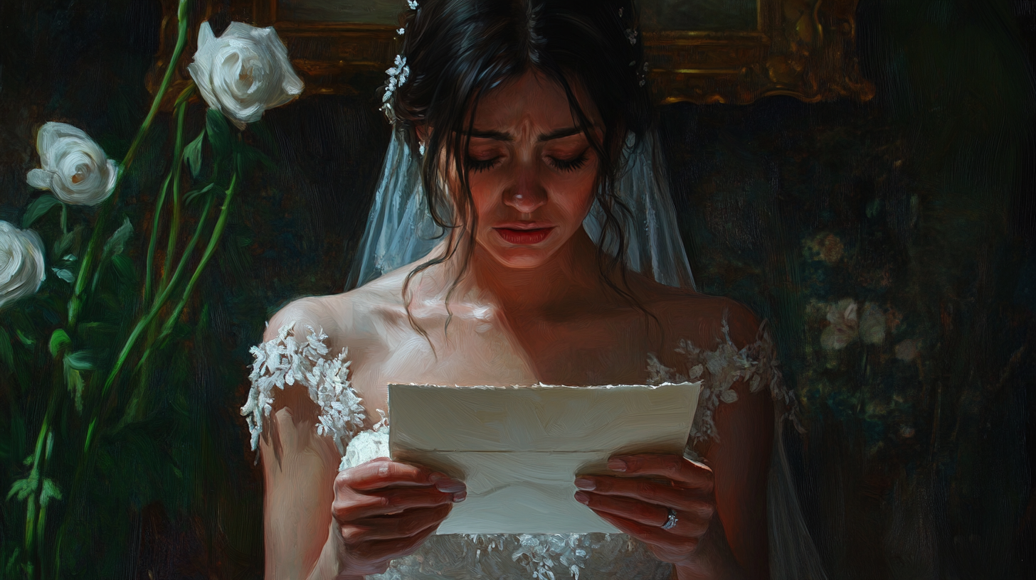 Une mariée lisant une lettre | Source : Midjourney