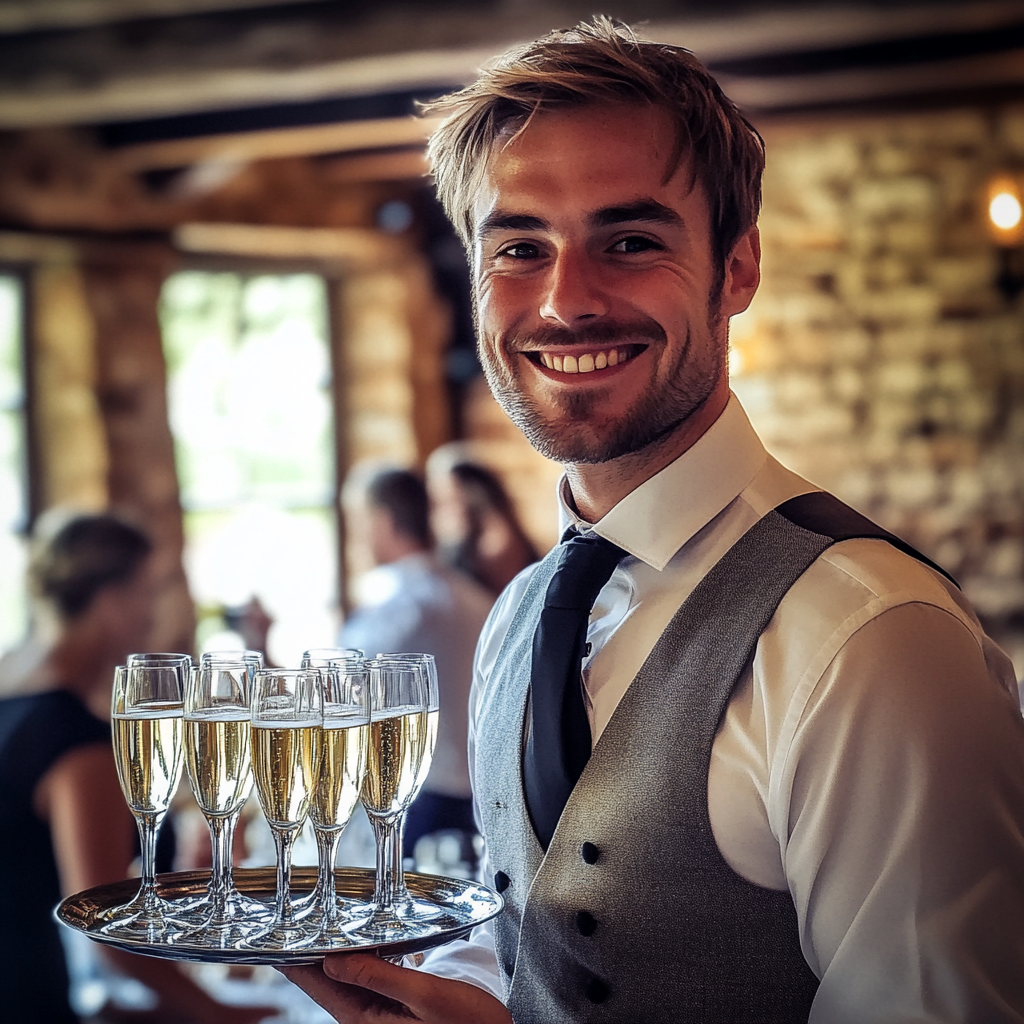 A smiling man holding a tray | Source: Midjourney