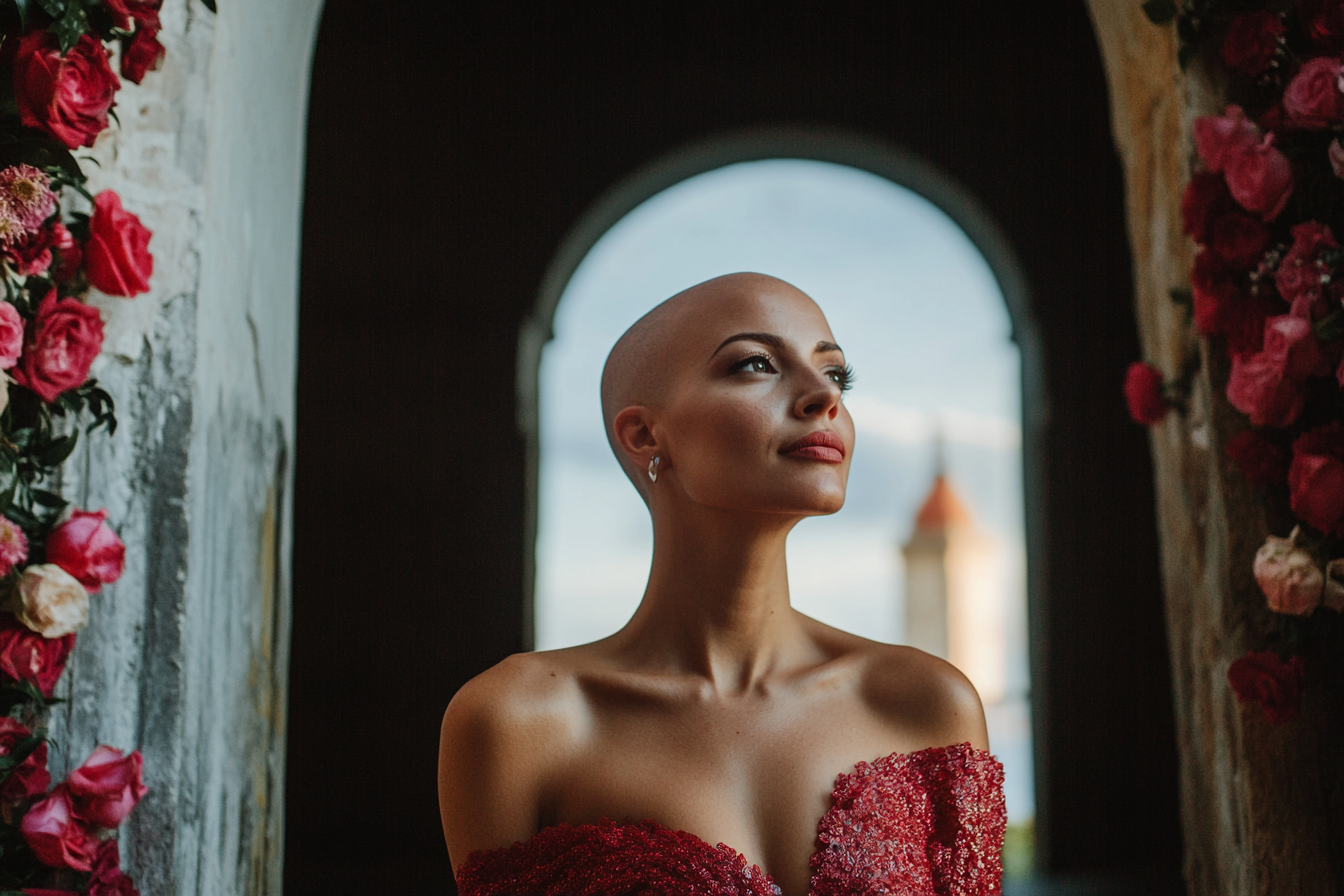 Une femme chauve confiante portant une robe rouge entre dans une église | Source : Midjourney