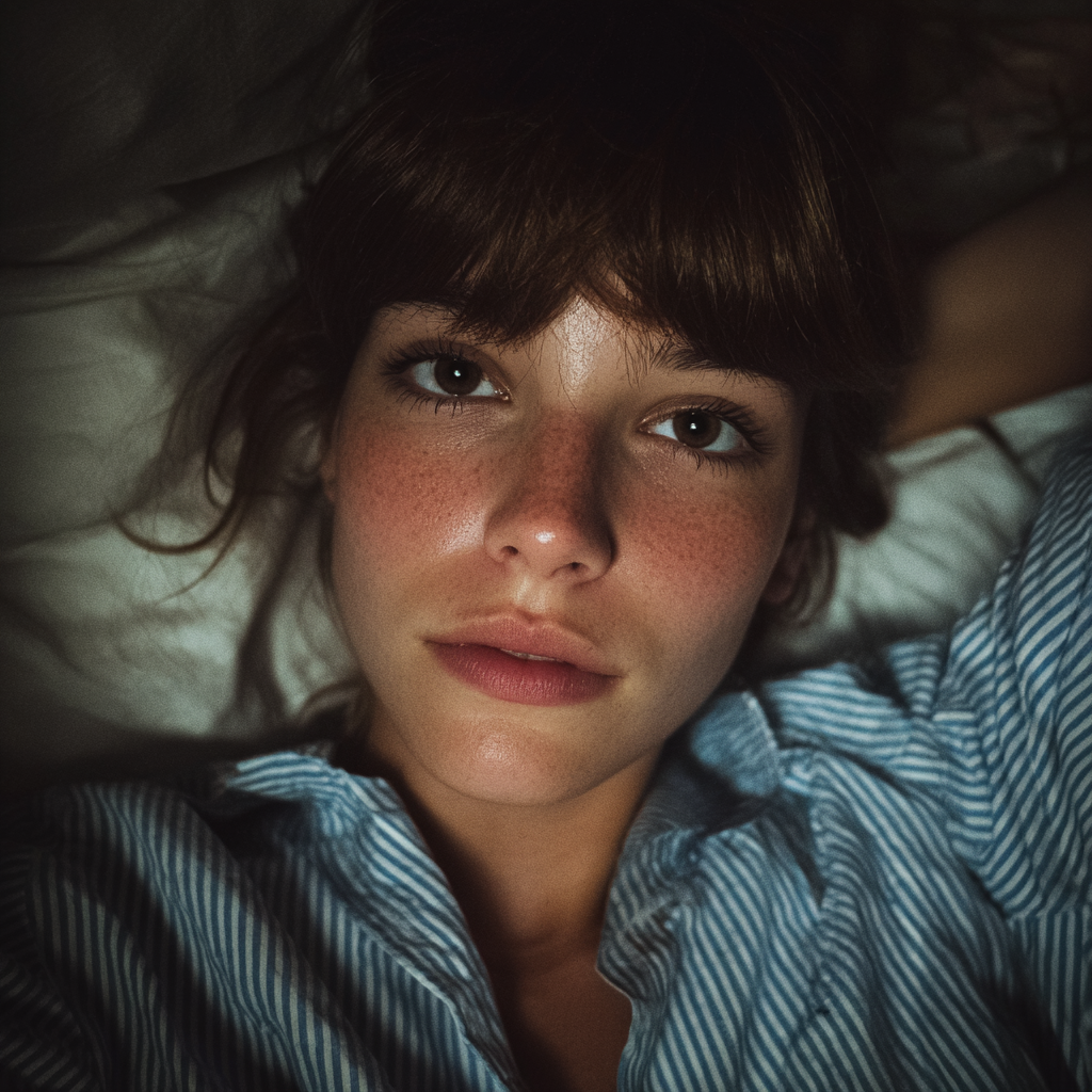 Une femme pensive allongée dans son lit | Source : Midjourney