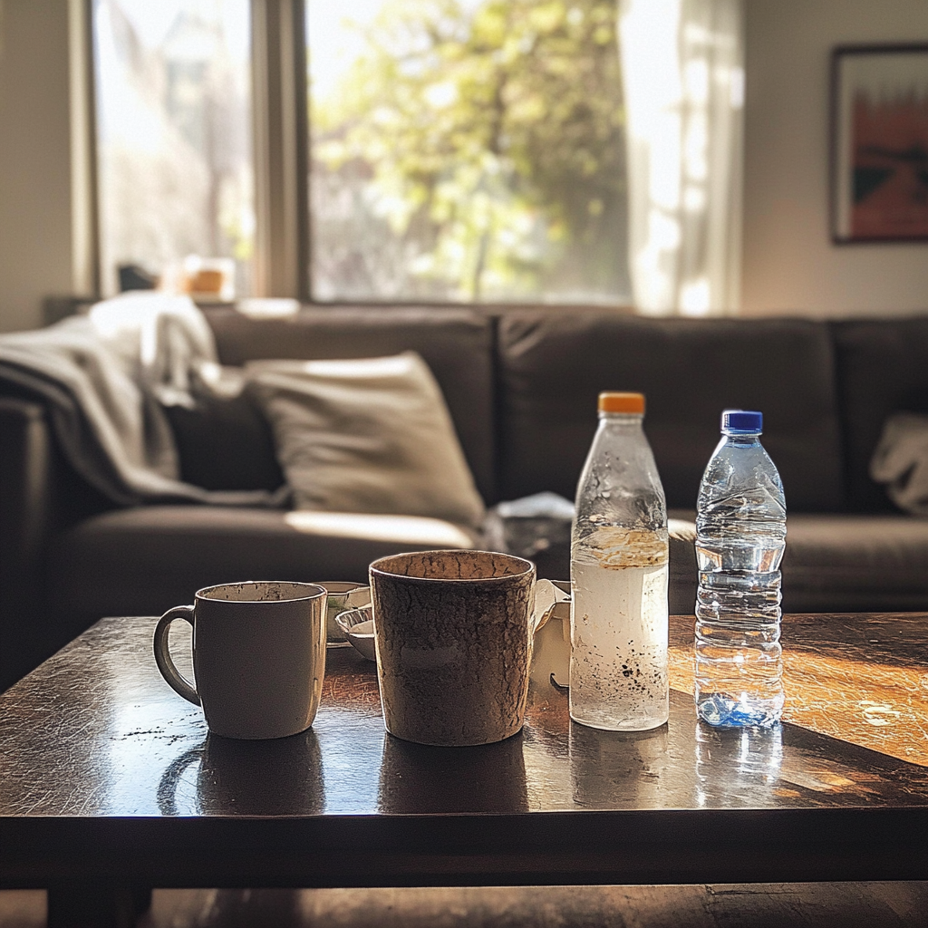 Des tasses et des bouteilles sur une table basse | Source : Midjourney