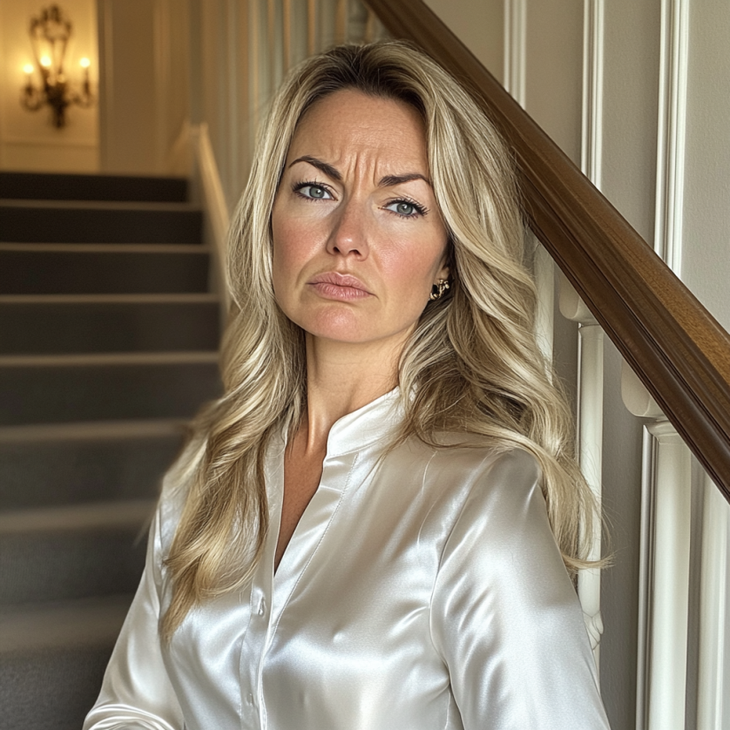 Une femme bouleversée debout sur un escalier | Source : Midjourney