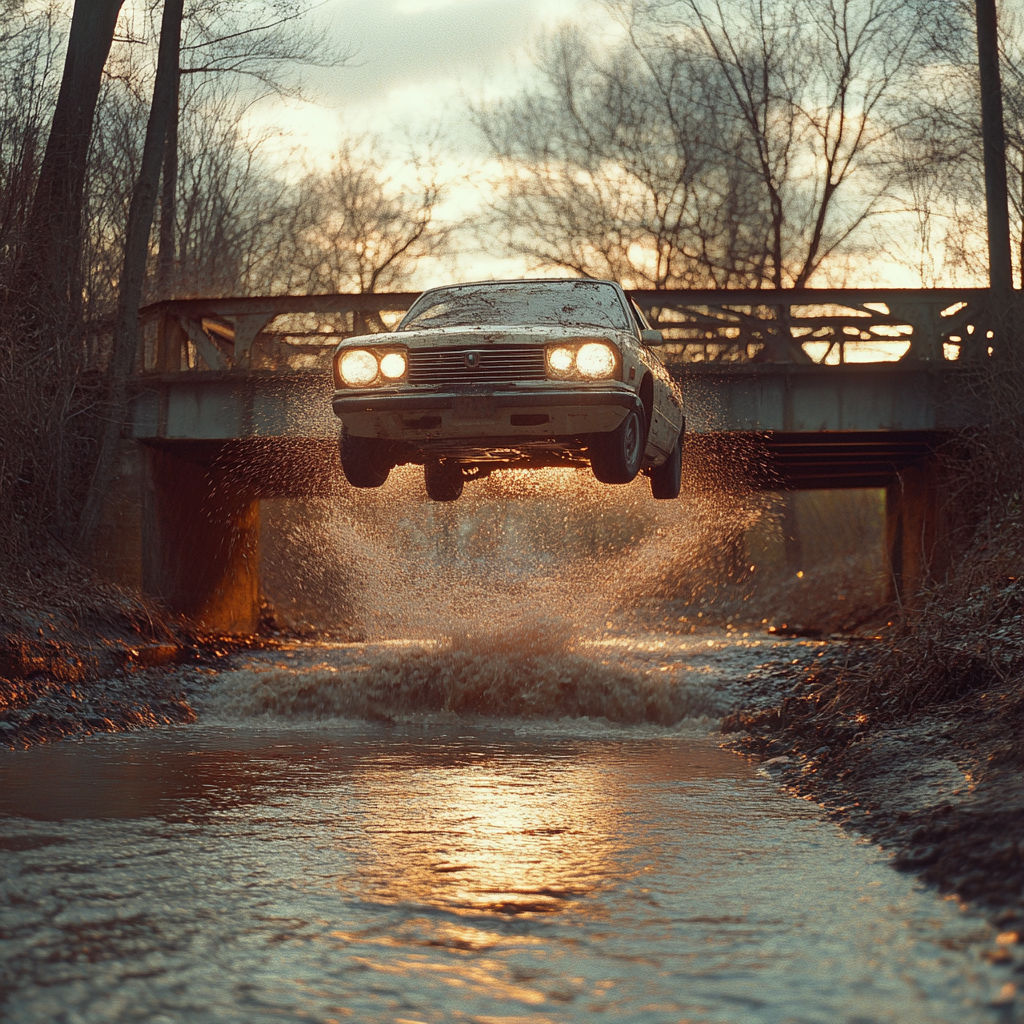 Une voiture qui sort d'un pont et se jette dans une rivière | Source : Midjourney